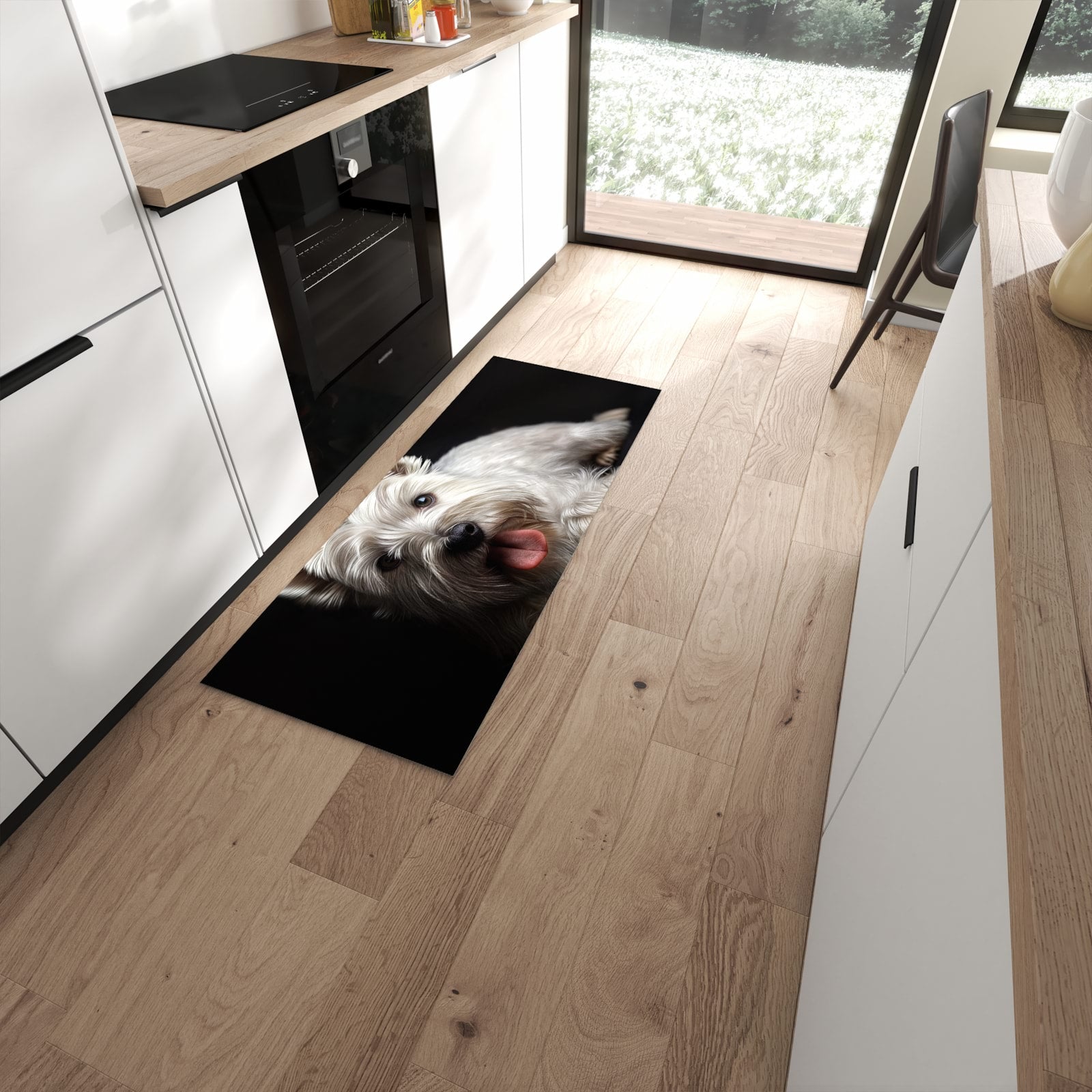 Flacher Küchenteppich mit Motiv Weisser Hund in moderner Küche - waschbar #grösse_60 x 150 cm