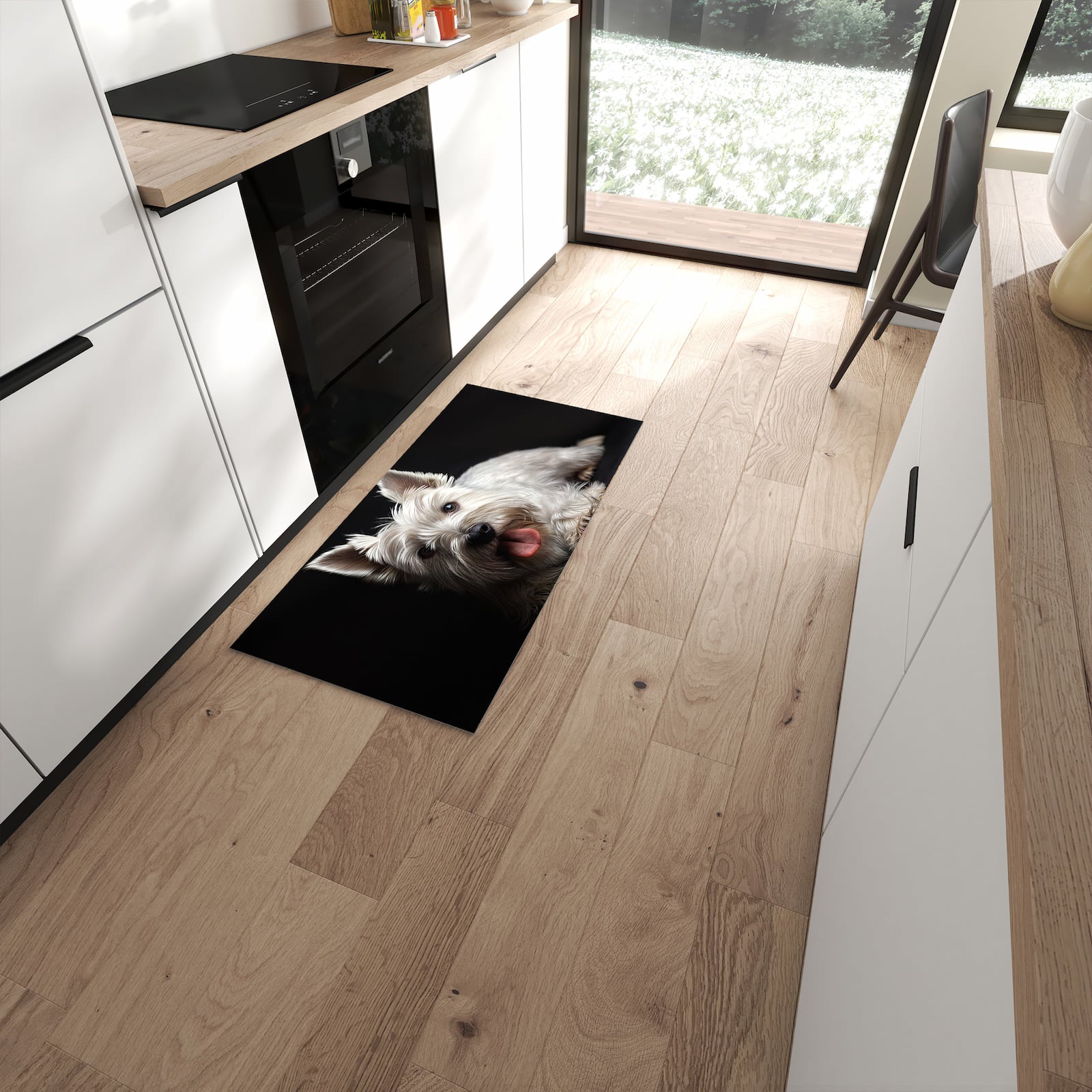Langlebiger Küchenteppich mit Motiv Weisser Hund in moderner Küche #grösse_60 x 120 cm