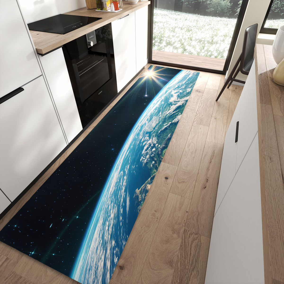 Fleckenresistenter waschbarer Küchenteppich mit Motiv Blick Auf Die Erde in moderner Küche