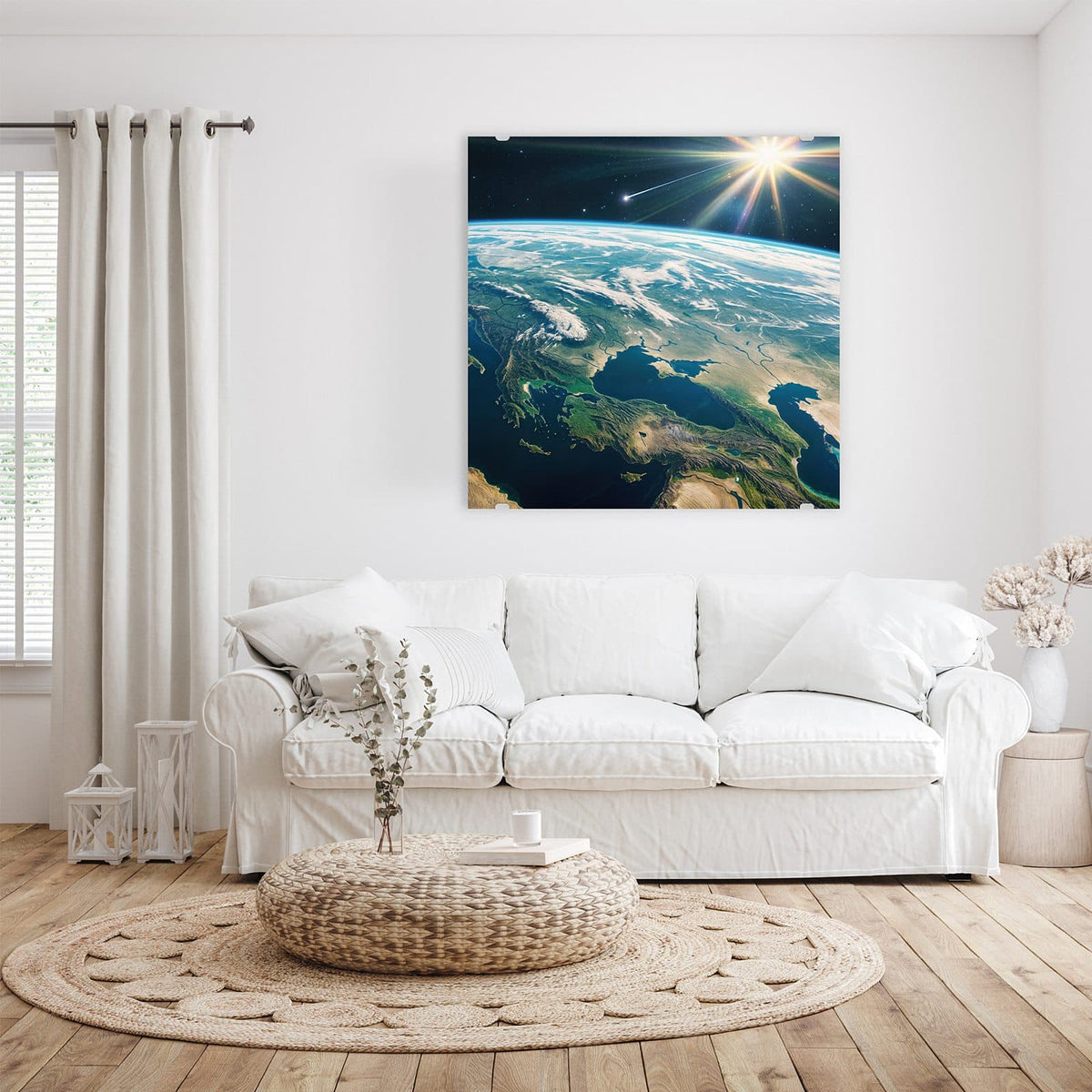 Glasbild Blauer Planet an der Wand – Erdkugel aus dem All mit Kontinenten und Wolken, heller Sonnenstern und Komet am Rand