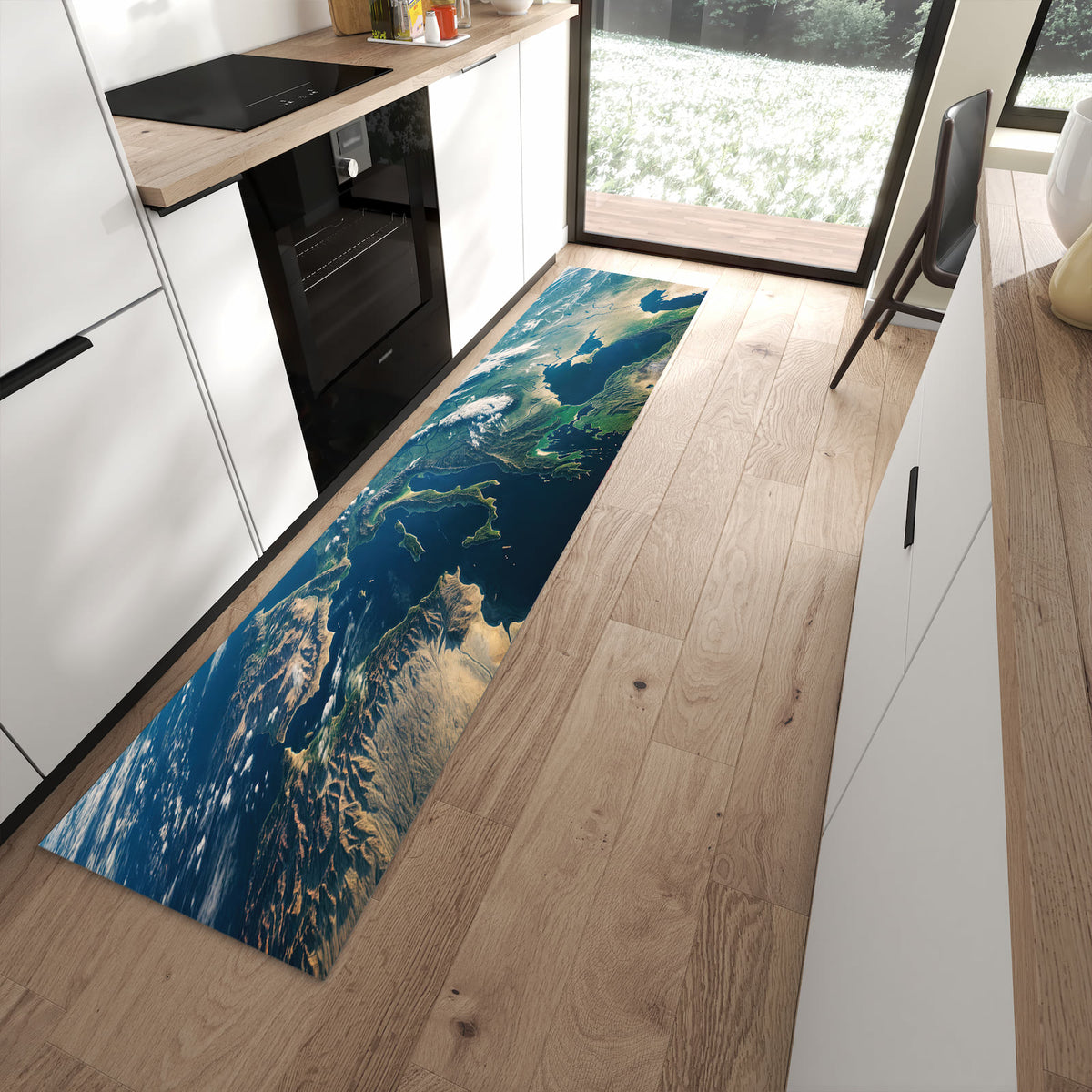 Waschbarer Teppich fürs Esszimmer mit Motiv Blick Auf Die Erde in moderner Küche