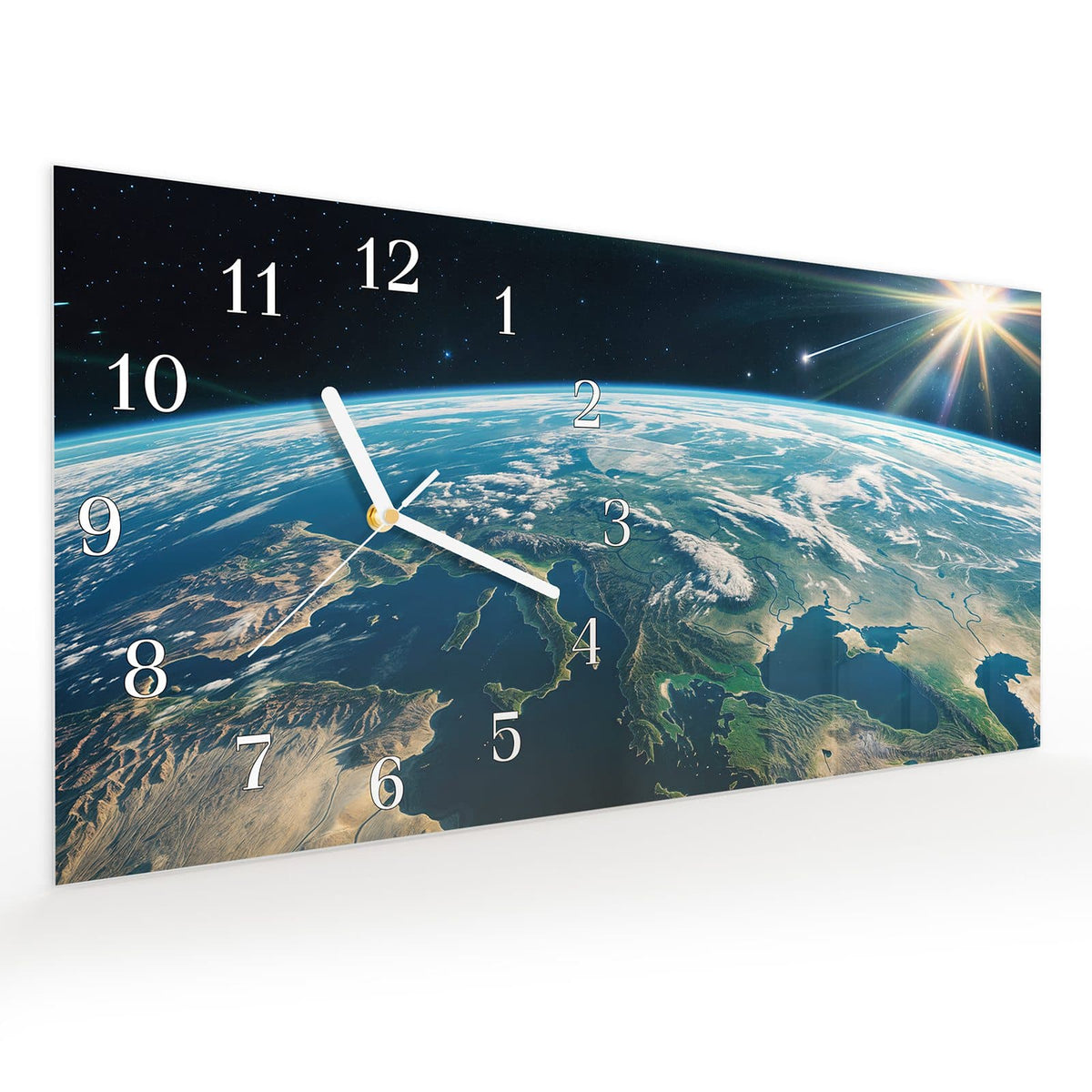 Vormontiert – mit Schwebeeffekt – Wanduhr Blick Auf Die Erde aus Glas – Querformat 60 × 30 cm