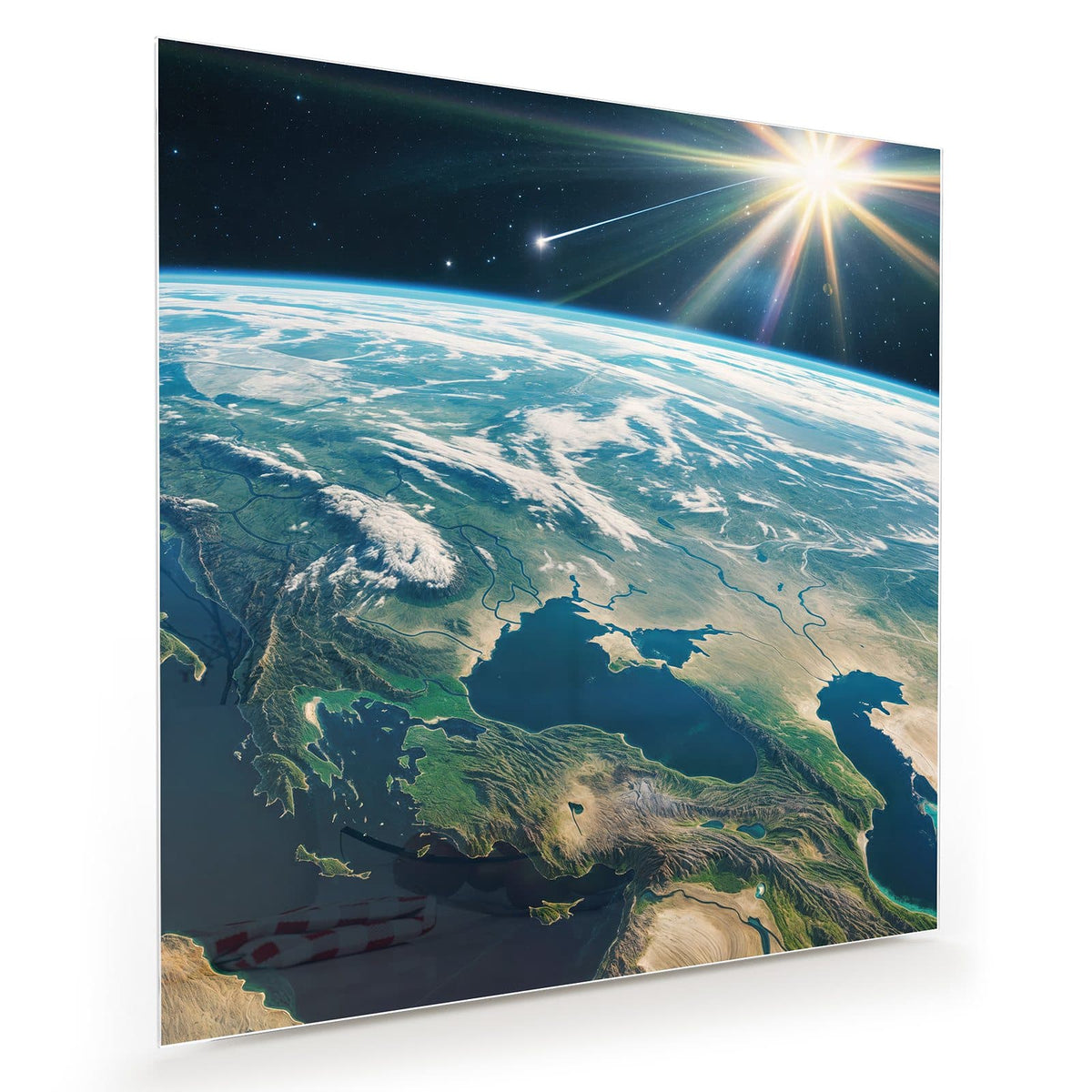 Erdkugel aus dem All mit Kontinenten und Wolken, heller Sonnenstern und Komet am Rand