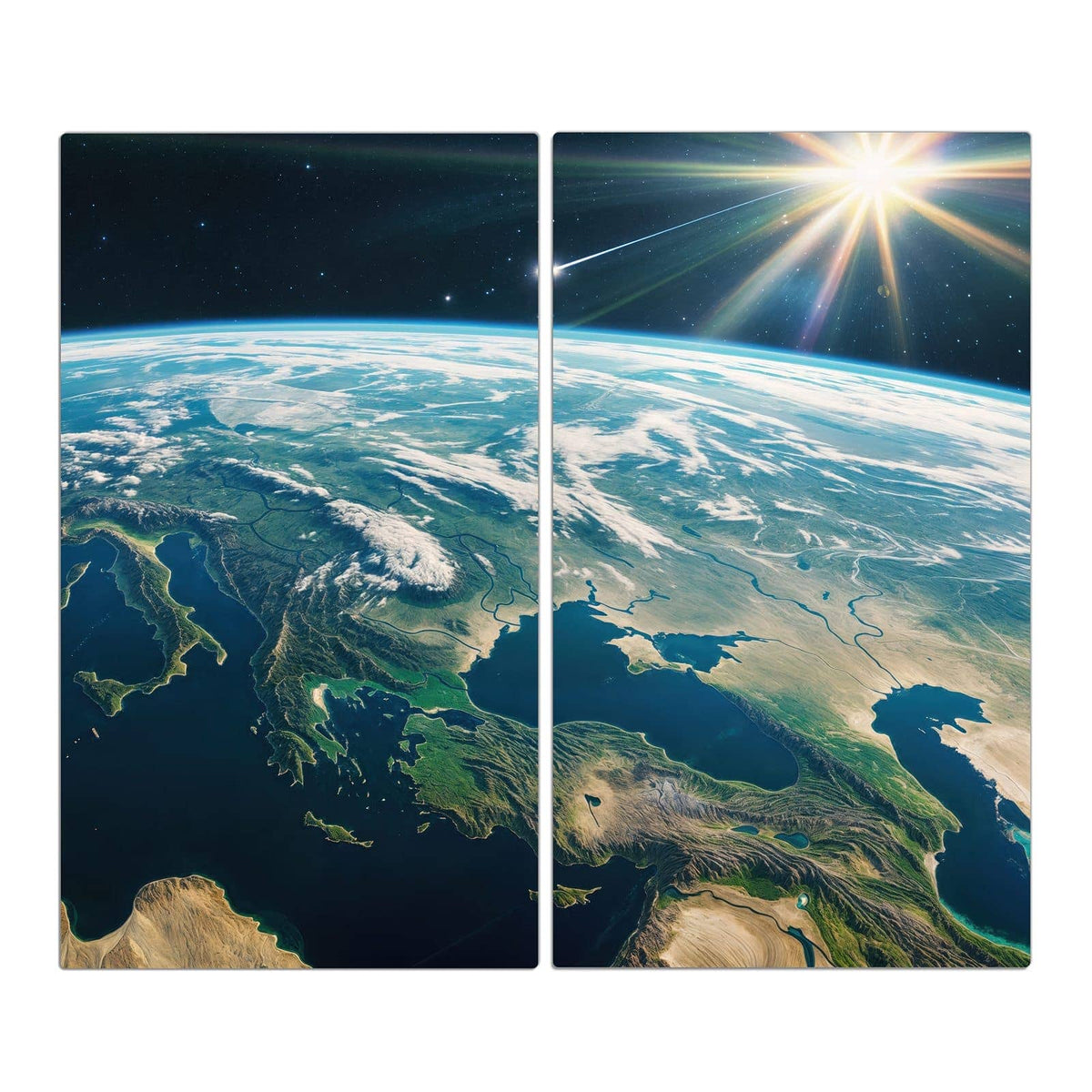 Erdkugel aus dem All mit Kontinenten und Wolken, heller Sonnenstern und Komet am Rand