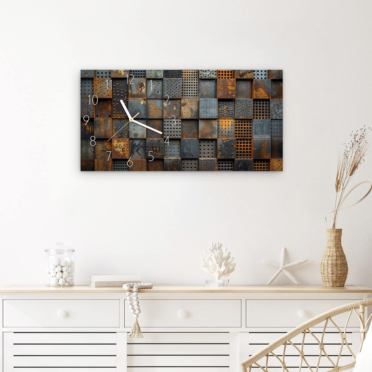 Wanduhr Gelochte Metallplatten aus Glas – Querformat 60 × 30 cm – Rostige Lochbleche im Raster