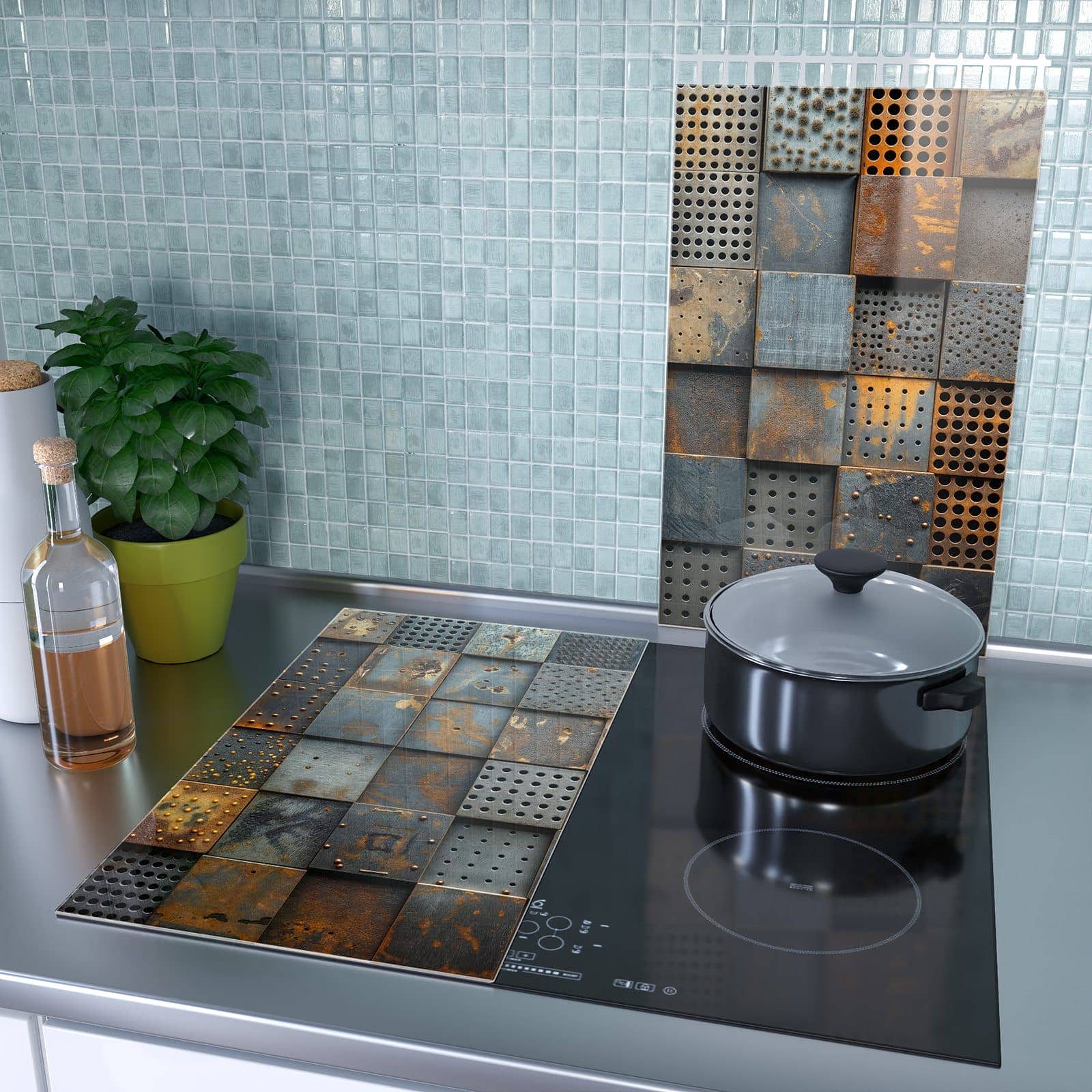2-teilige Abdeckplatte für Induktionsherd mit Gelochte Metallplatten-Motiv als Spritzschutz hinter dem Kochfeld
