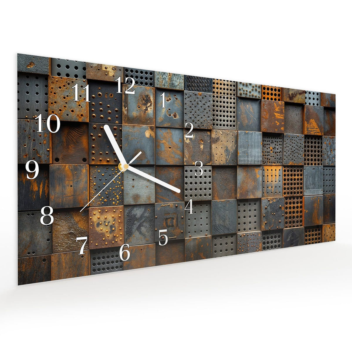 Vormontiert – mit Schwebeeffekt – Wanduhr Gelochte Metallplatten aus Glas – Querformat 60 × 30 cm