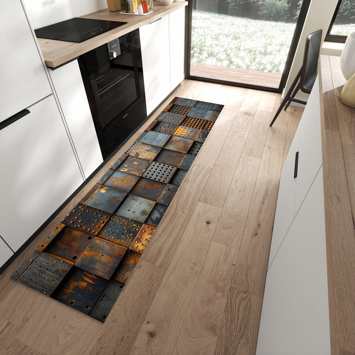Pflegeleichter Küchenläufer mit Motiv Gelochte Metallplatten in moderner Küche