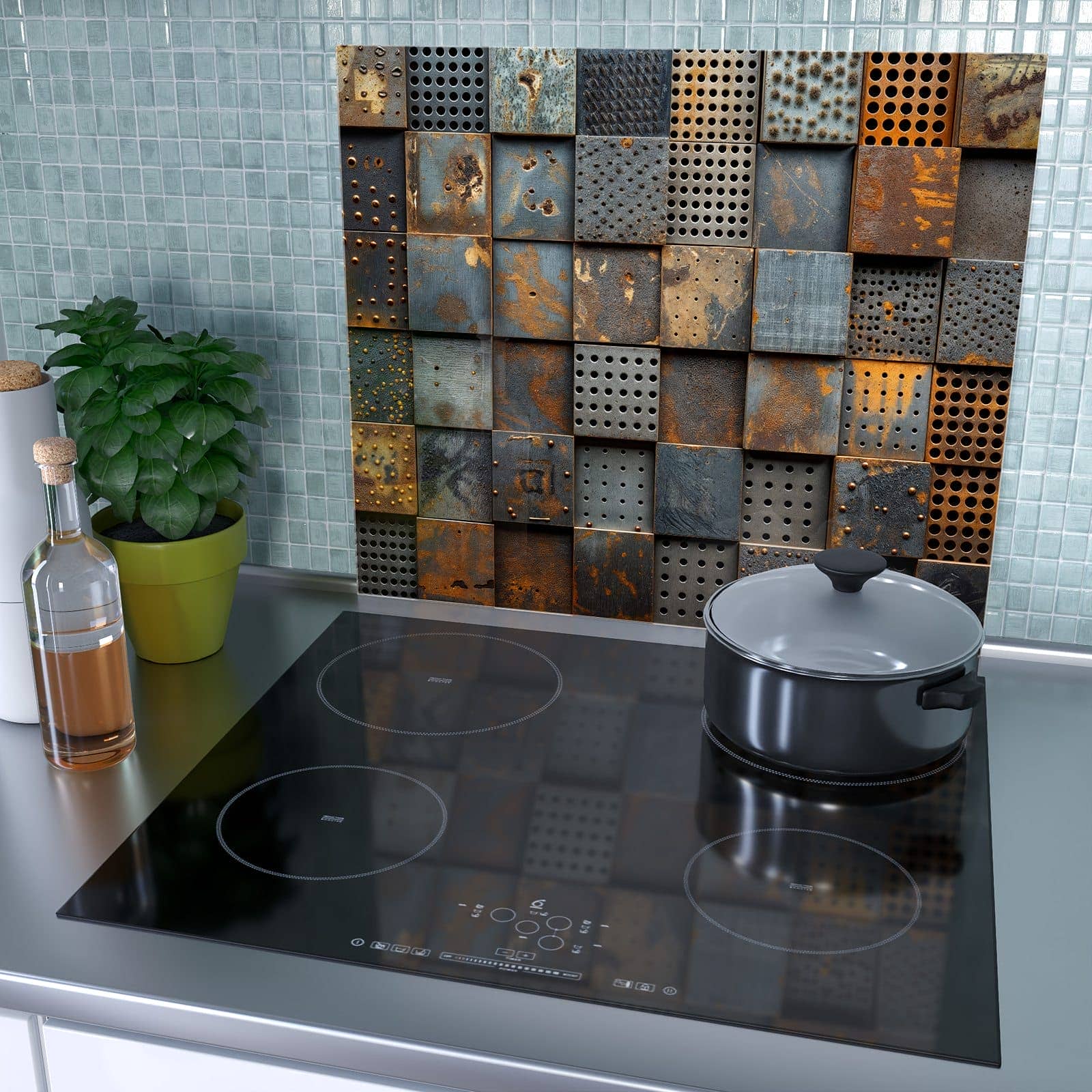 1-teilige Herdabdeckung aus Glas mit Gelochte Metallplatten-Motiv als Spritzschutz hinter dem Kochfeld