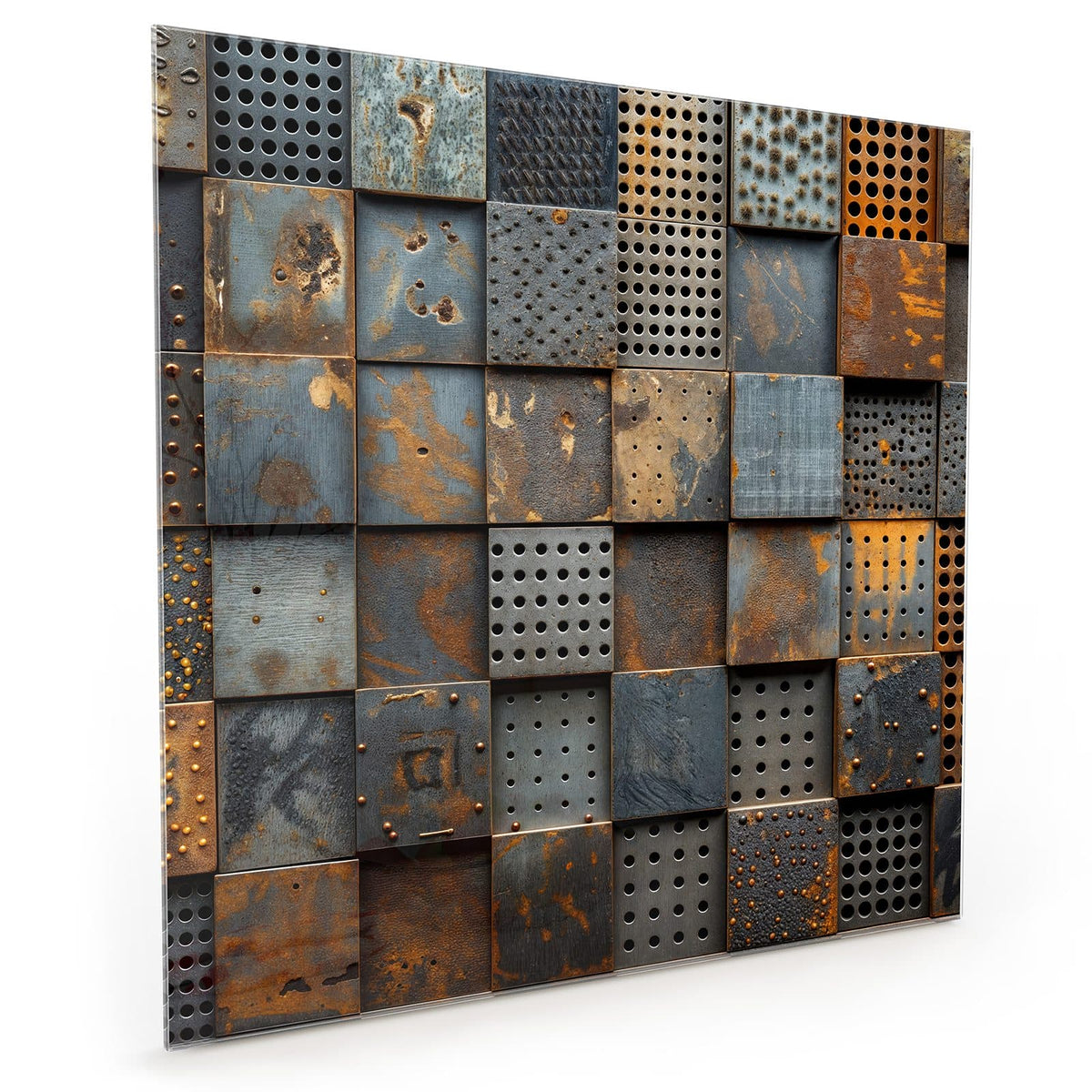 Küchenrückwand aus Glas im quadratischen Format mit Motiv Gelochte Metallplatten: Raster aus quadratischen Metallkacheln, viele mit Lochbohrungen #grösse_40 x 40 cm #grösse_50 x 50 cm #grösse_60 x 60 cm