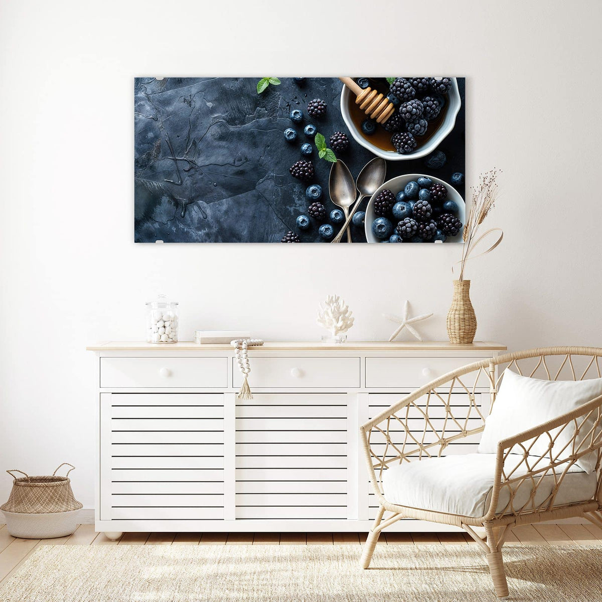 Echtglas, 4 mm – kein Acryl, keine Folie – Wandbild - Beeren mit Honig - Querformat