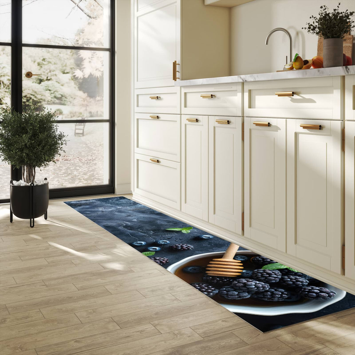 Bodenschonender Küchenteppich mit Motiv Blaubeeren Stillleben in heller Küche