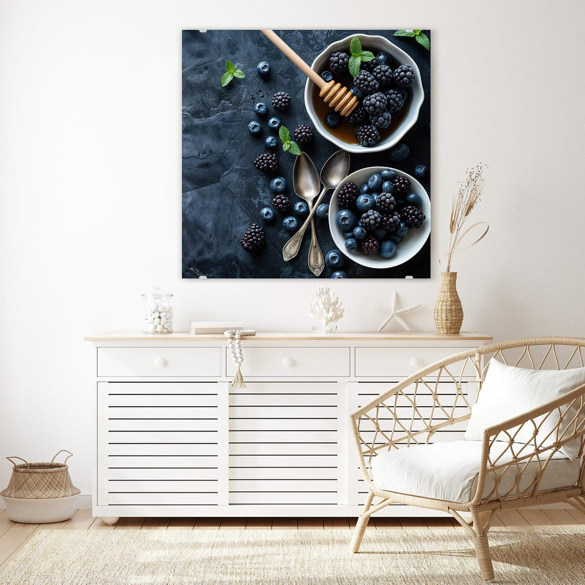 Echtglas, 4 mm – kein Acryl, keine Folie – Wandbild - Beeren mit Honig - Quadratisch