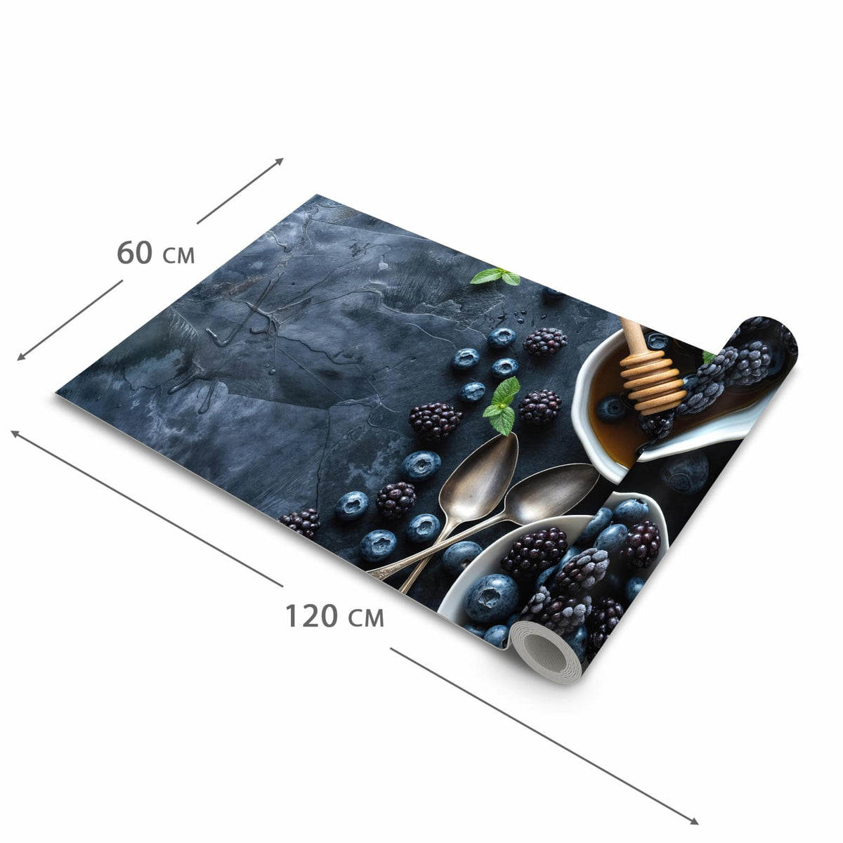 Strapazierfähiger abwaschbarer Küchenläufer mit Motiv Blaubeeren Stillleben in der Größe 80x200 cm