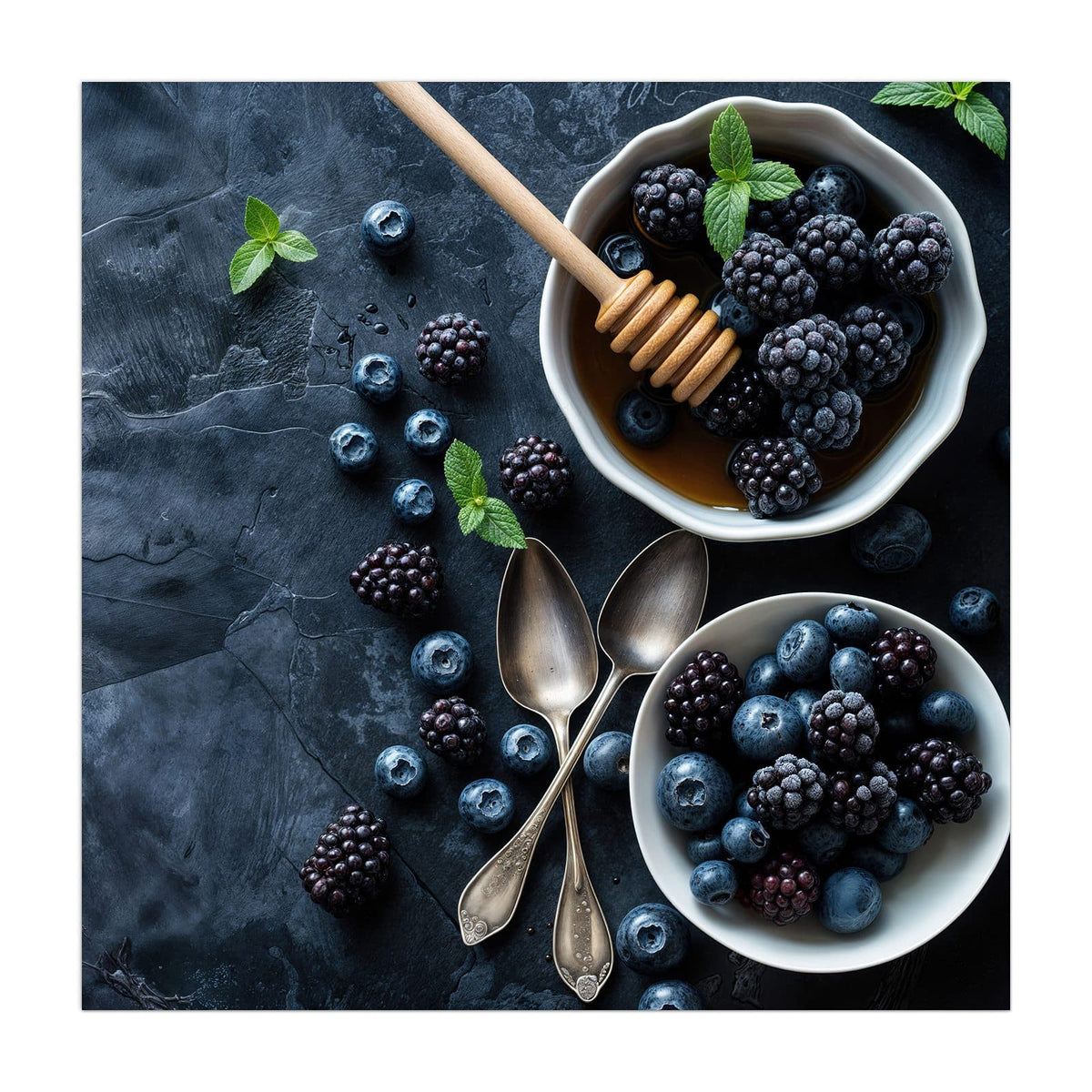 Küchenrückwand aus Glas Beeren mit Honig im quadratischen Format, Motiv bildfüllend von vorn #grösse_40 x 40 cm #grösse_50 x 50 cm #grösse_60 x 60 cm