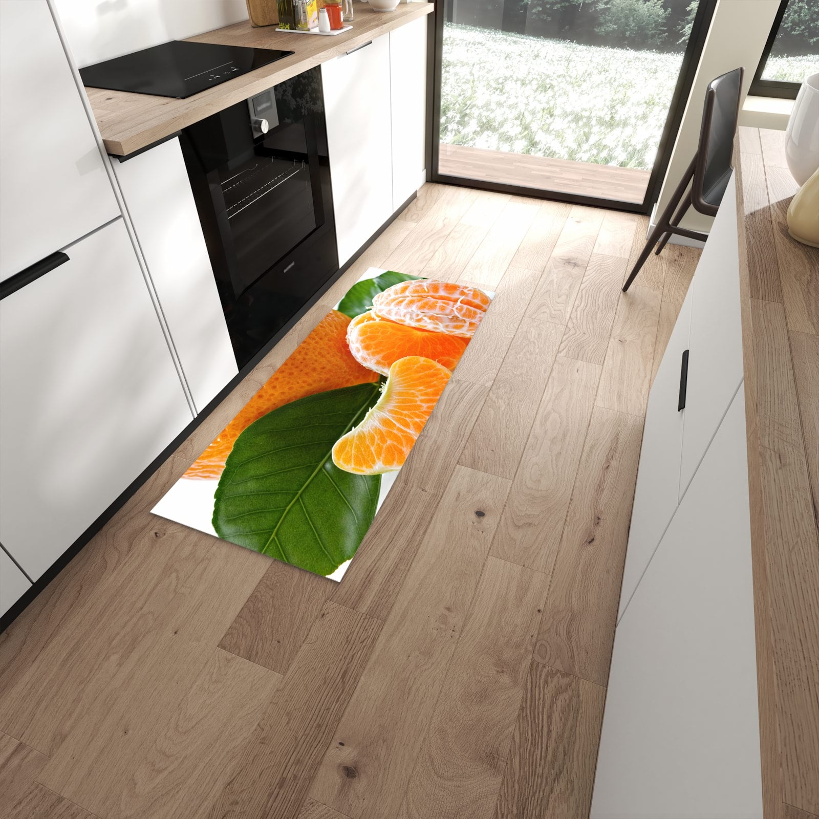 Pflegeleichter großer Küchenteppich mit Motiv Frische Mandarine in moderner Küche #grösse_60 x 150 cm