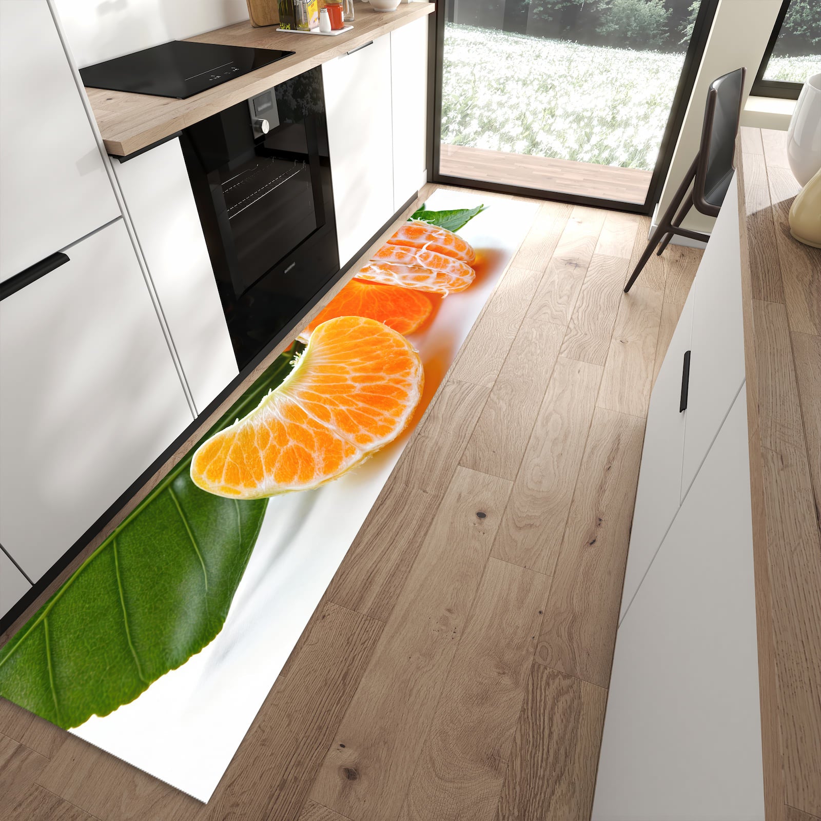 Waschbarer Küchenläufer mit Motiv Frische Mandarine in moderner Küche