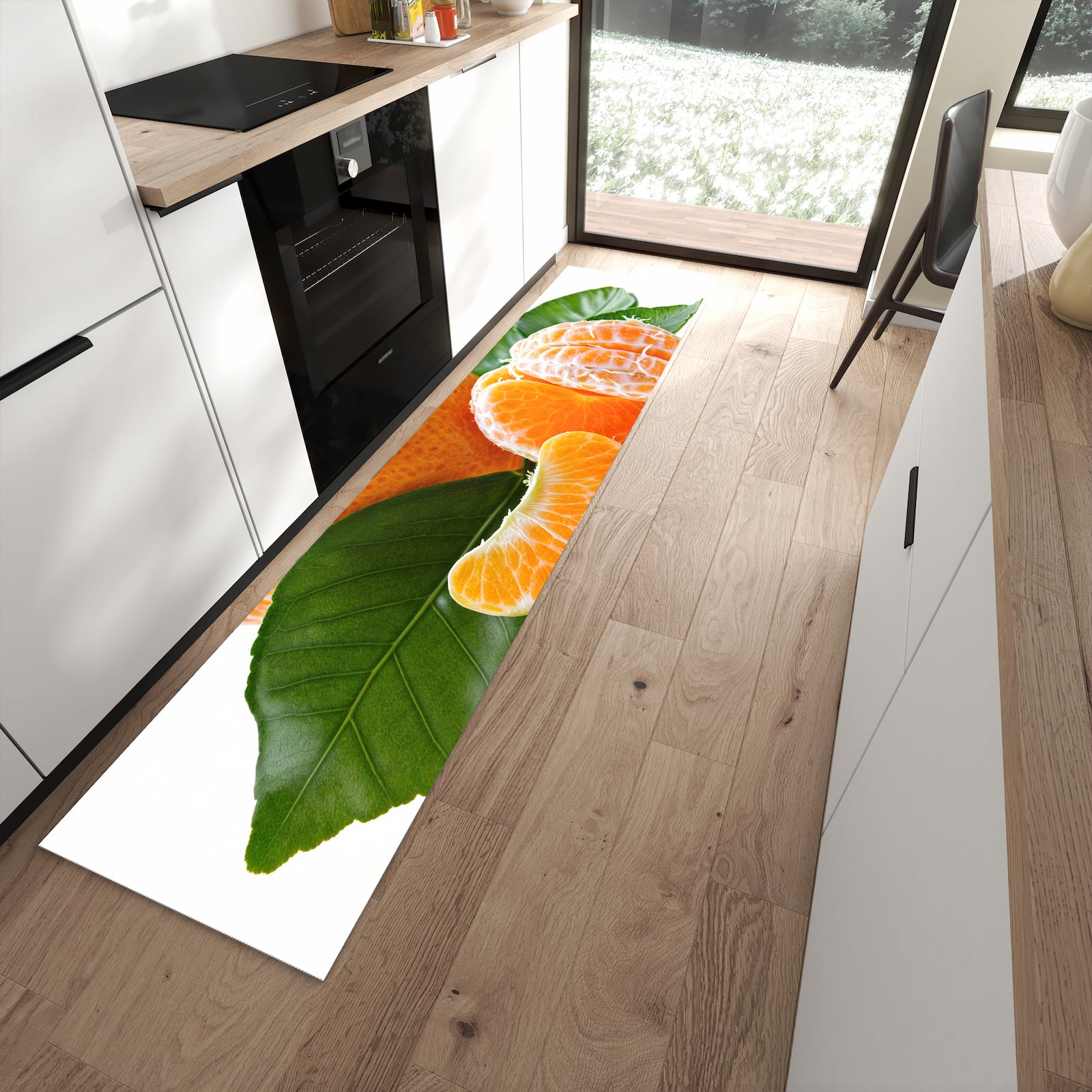 Strapazierfähiger Küchenläufer mit Motiv Frische Mandarine in moderner Küche