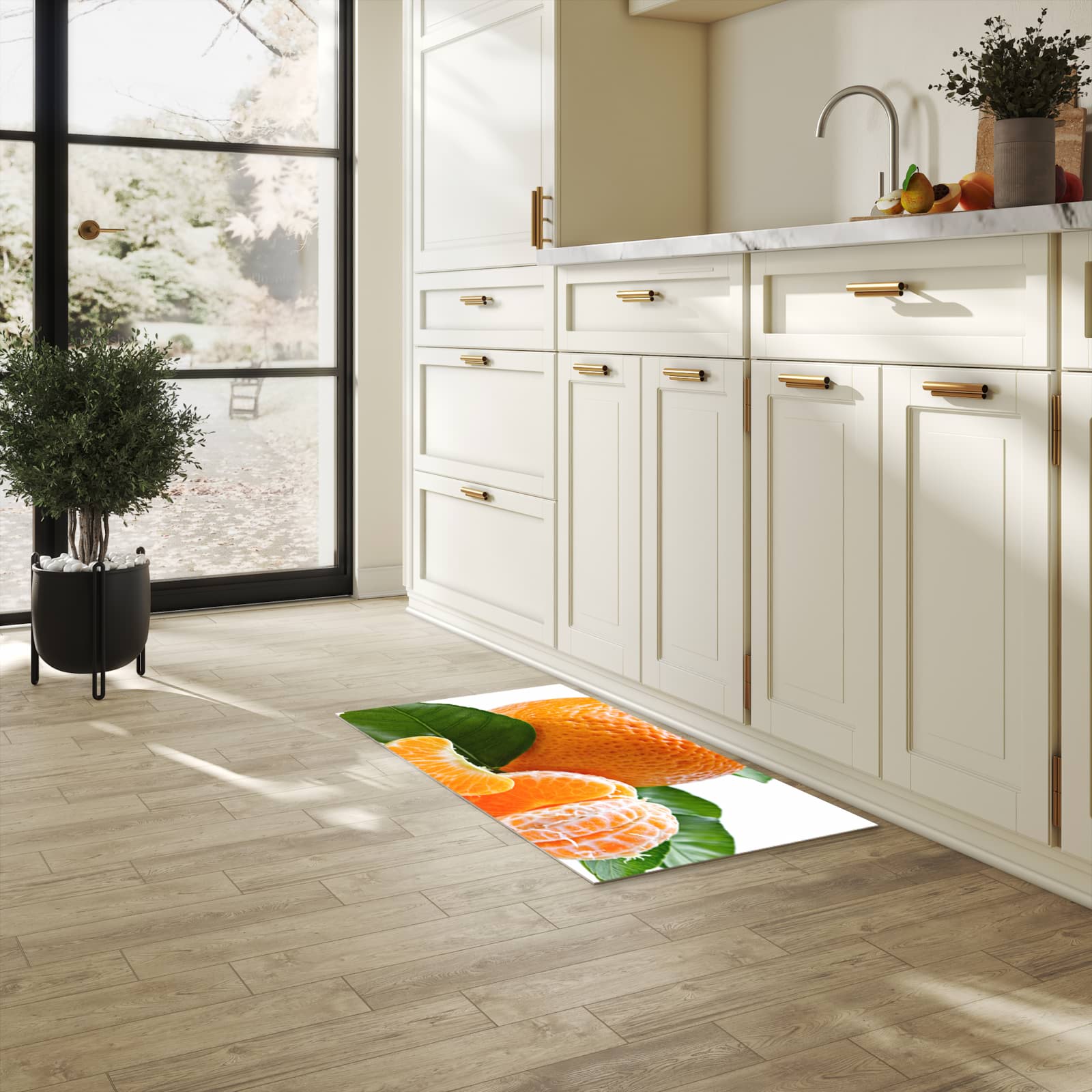 Fleckenresistenter Küchenläufer mit Motiv Frische Mandarine in heller Küche