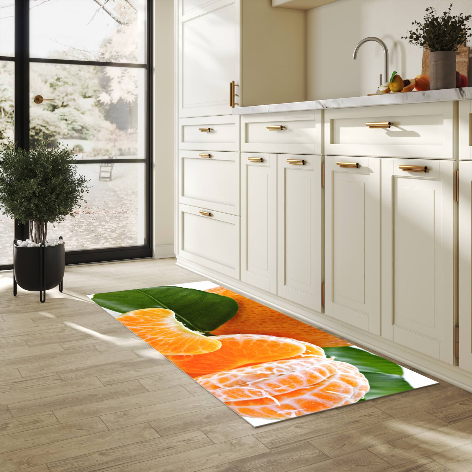 Rutschfester Küchenläufer mit Motiv Frische Mandarine in heller Küche zum Waschen
