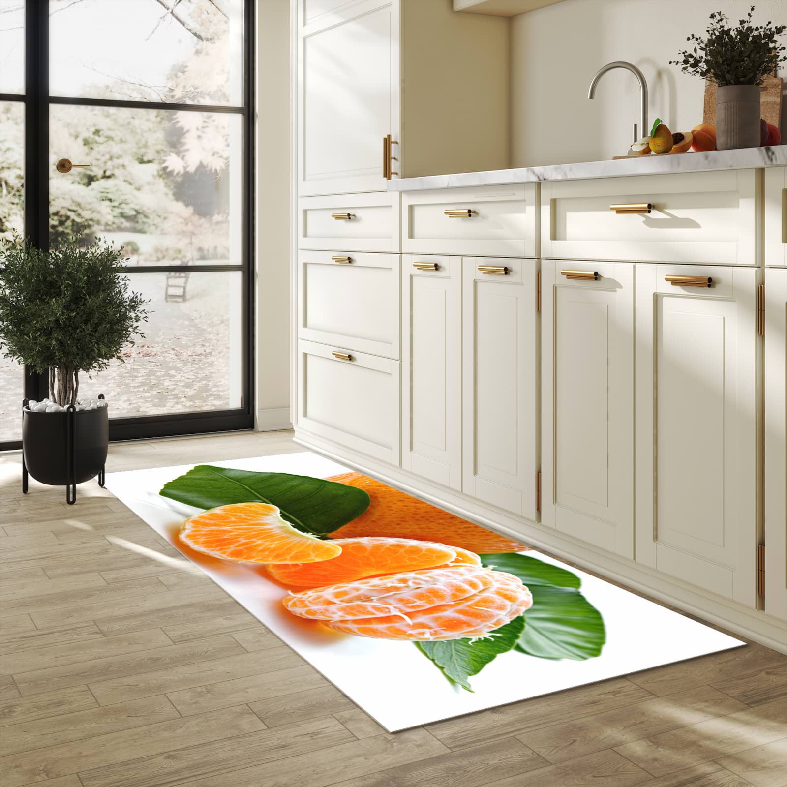 Waschbarer Küchenteppich mit Motiv Frische Mandarine in heller Küche