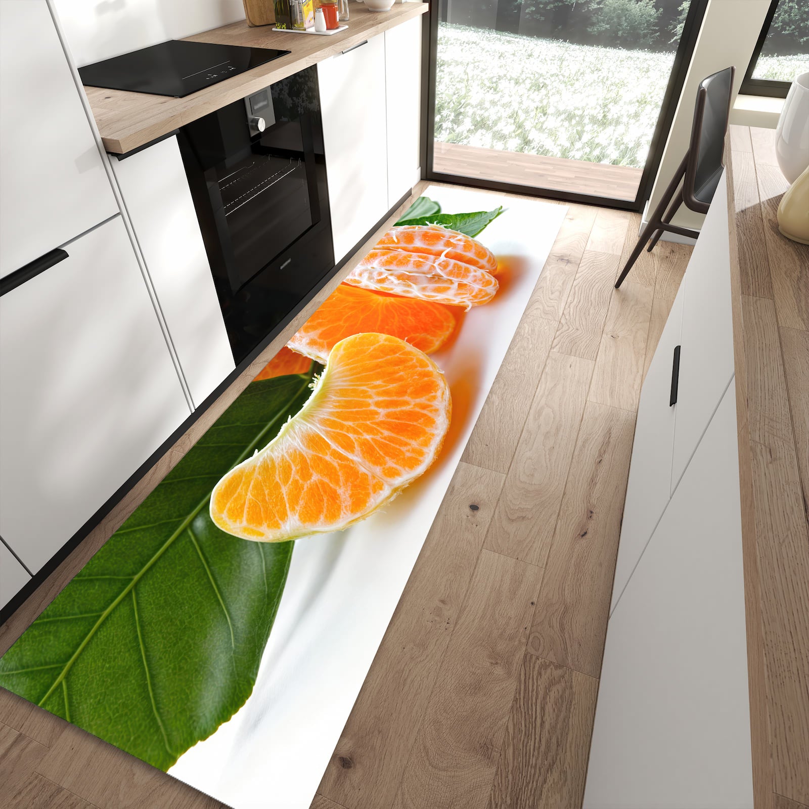 Waschbarer Küchenläufer mit Motiv Frische Mandarine für Ordnung in moderner Küche