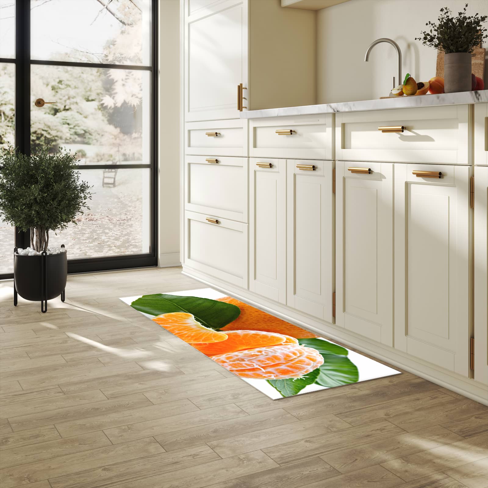 Geruchsneutraler rutschfester Küchenläufer mit Motiv Frische Mandarine in heller Küche