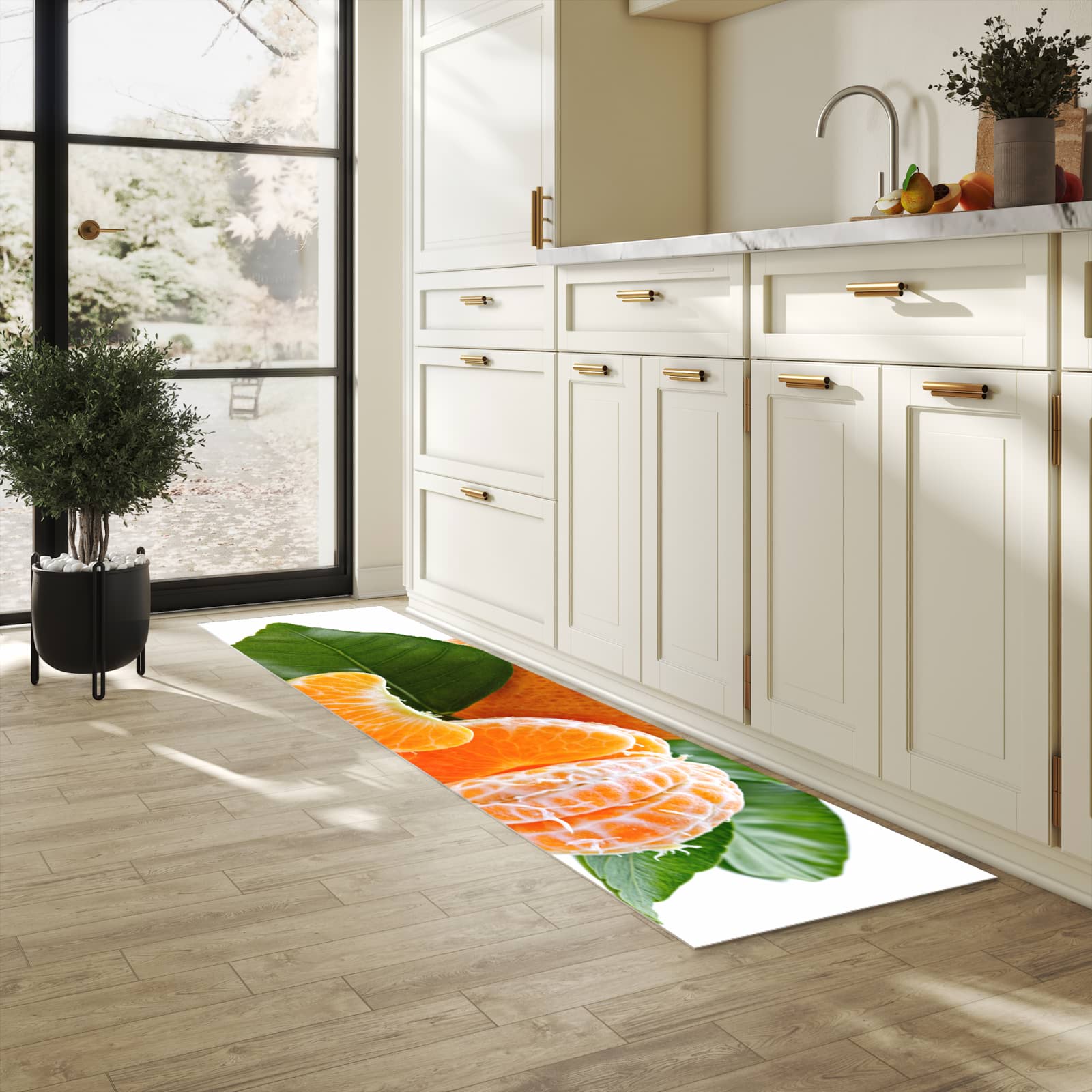 Flacher rutschfester Küchenläufer mit Motiv Frische Mandarine in heller Küche