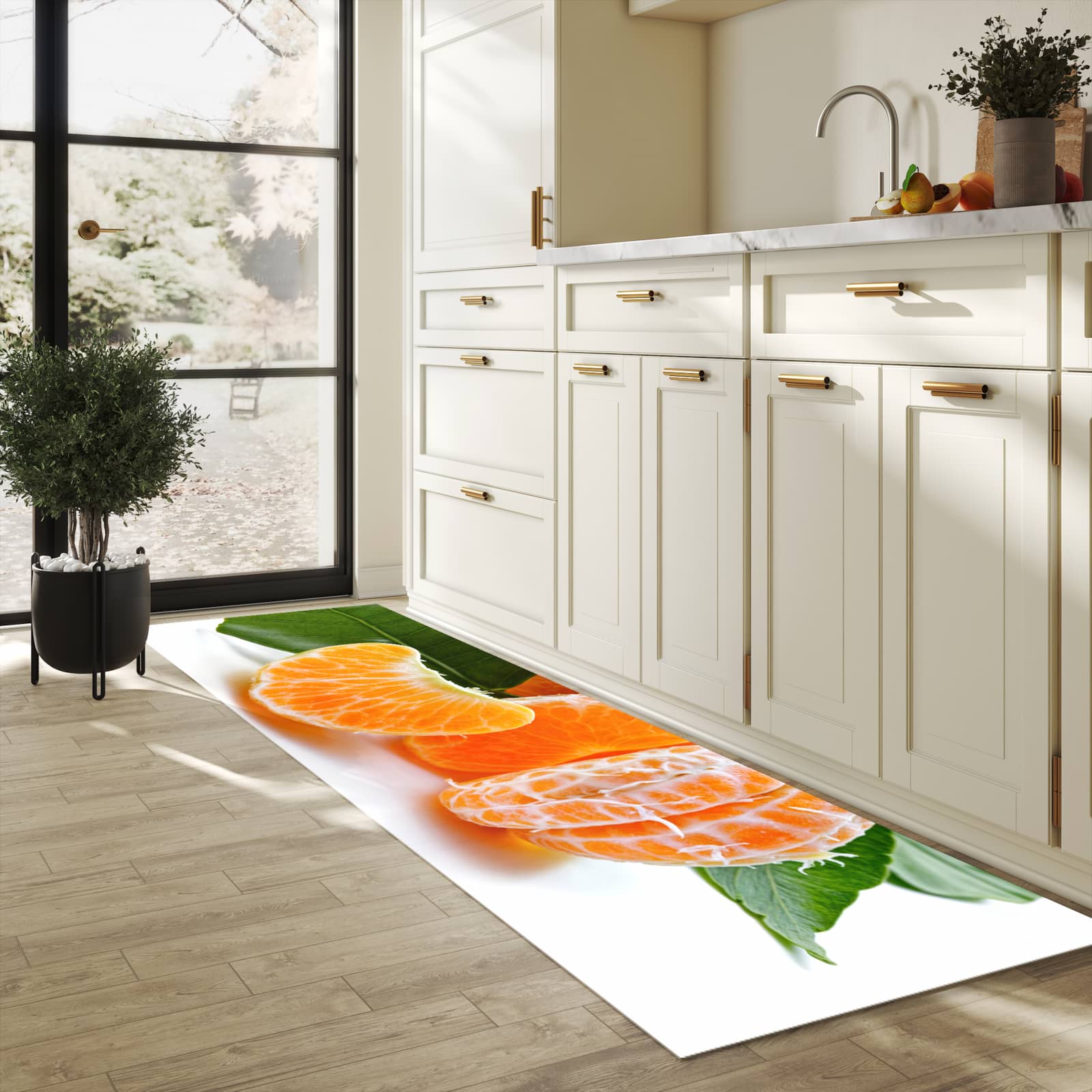 Hygienischer Küchenteppich mit Motiv Frische Mandarine in heller Küche - abwaschbar
