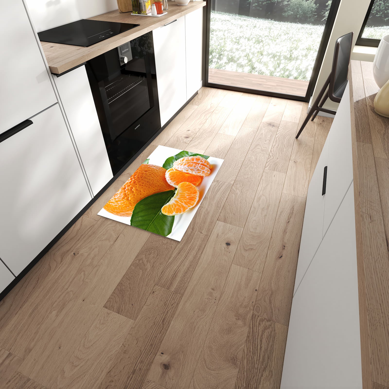 Langlebiger Küchenläufer mit Motiv Frische Mandarine in moderner Küche