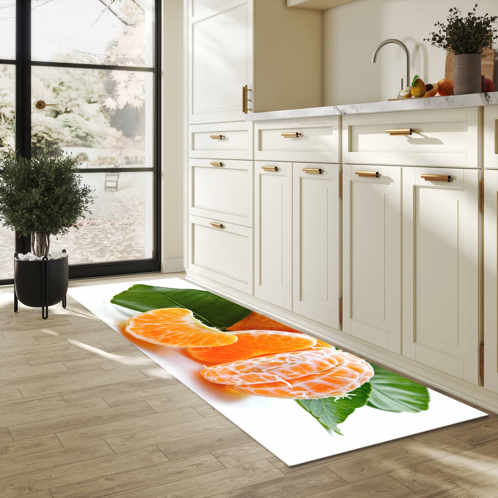 Abwaschbarer Küchenläufer mit Motiv Frische Mandarine in heller Küche für angenehme Haptik