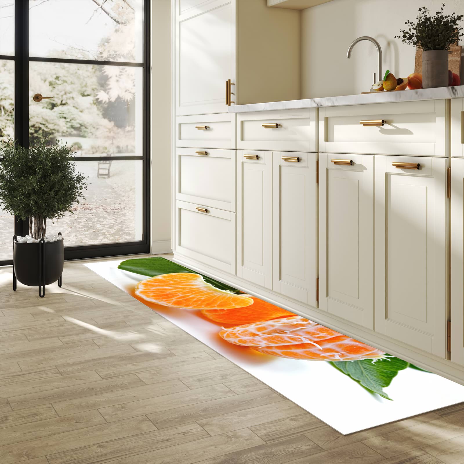 Pflegeleichter moderner Küchenläufer mit Motiv Frische Mandarine in heller Küche