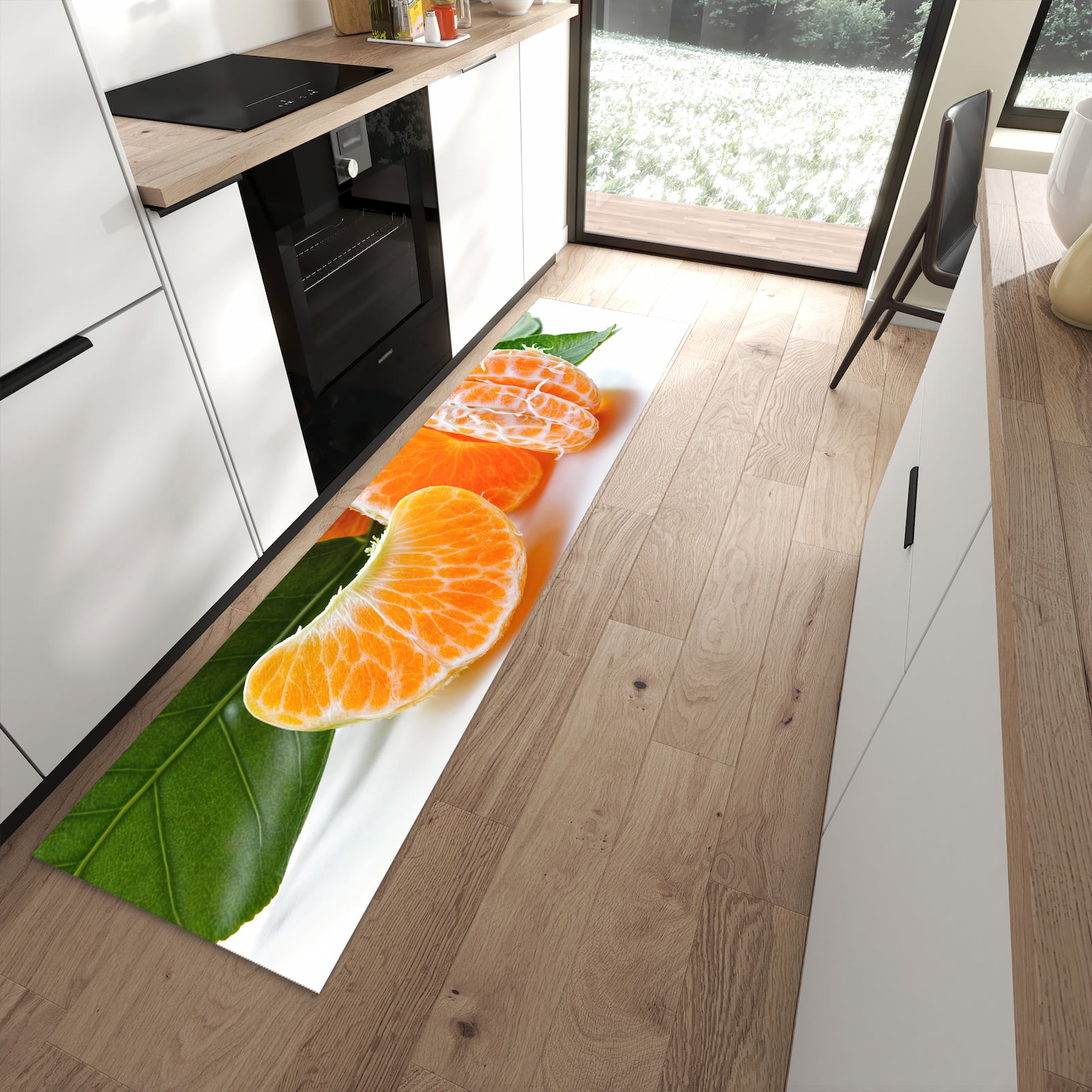 Hygienischer Küchenteppich mit Motiv Frische Mandarine in moderner Küche - waschbar