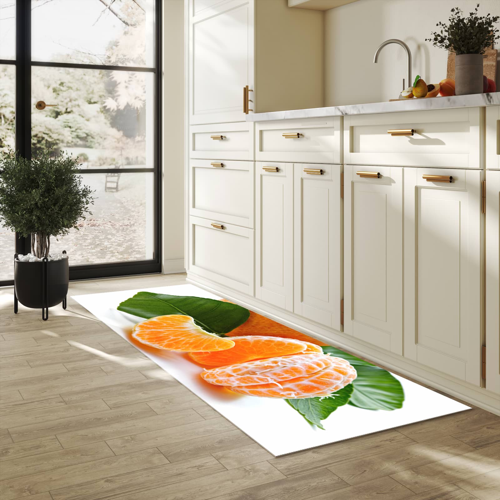 Pflegeleichter moderner Küchenläufer mit Motiv Frische Mandarine in heller Küche