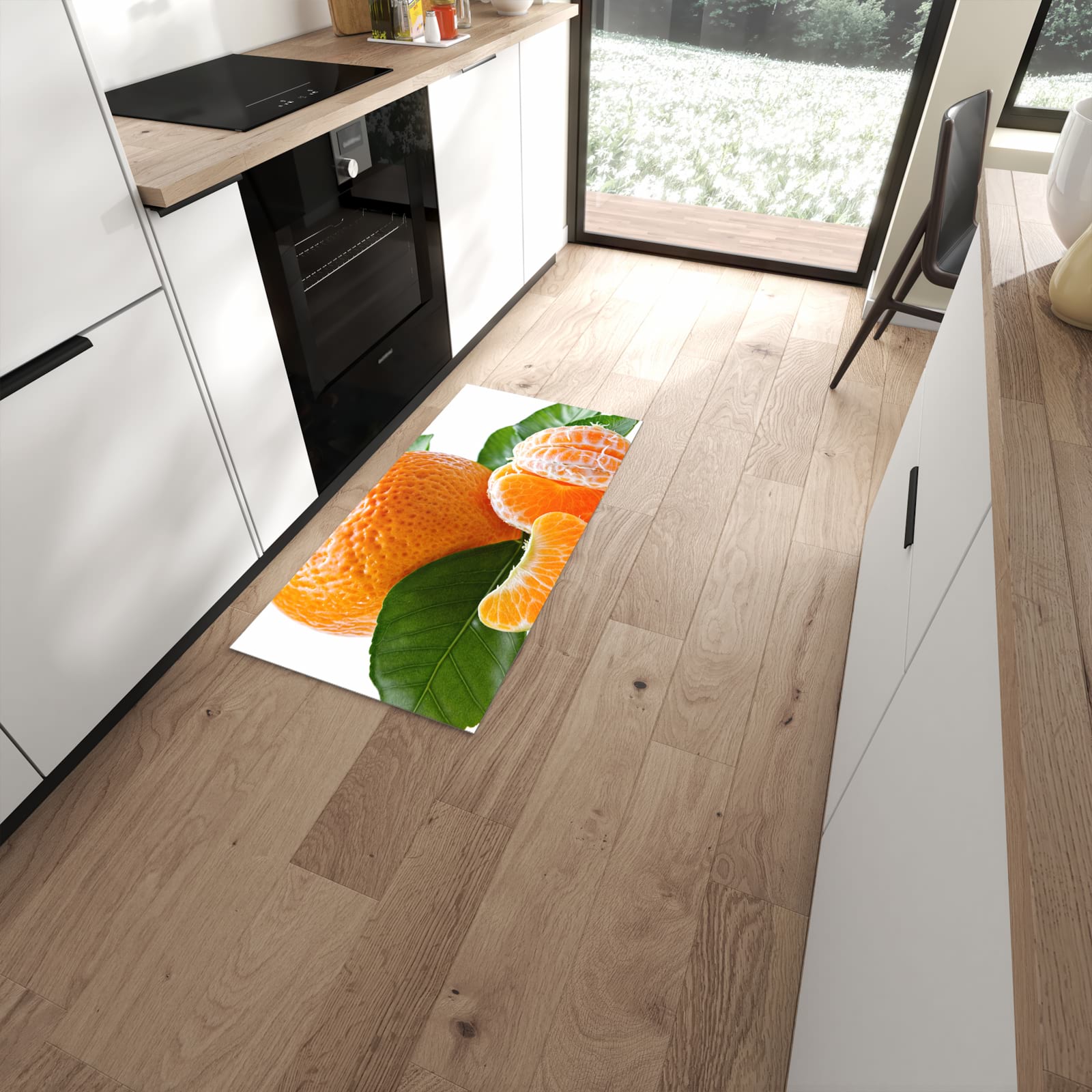 Rutschfester waschbarer Küchenteppich mit Motiv Frische Mandarine in moderner Küche #grösse_60 x 120 cm