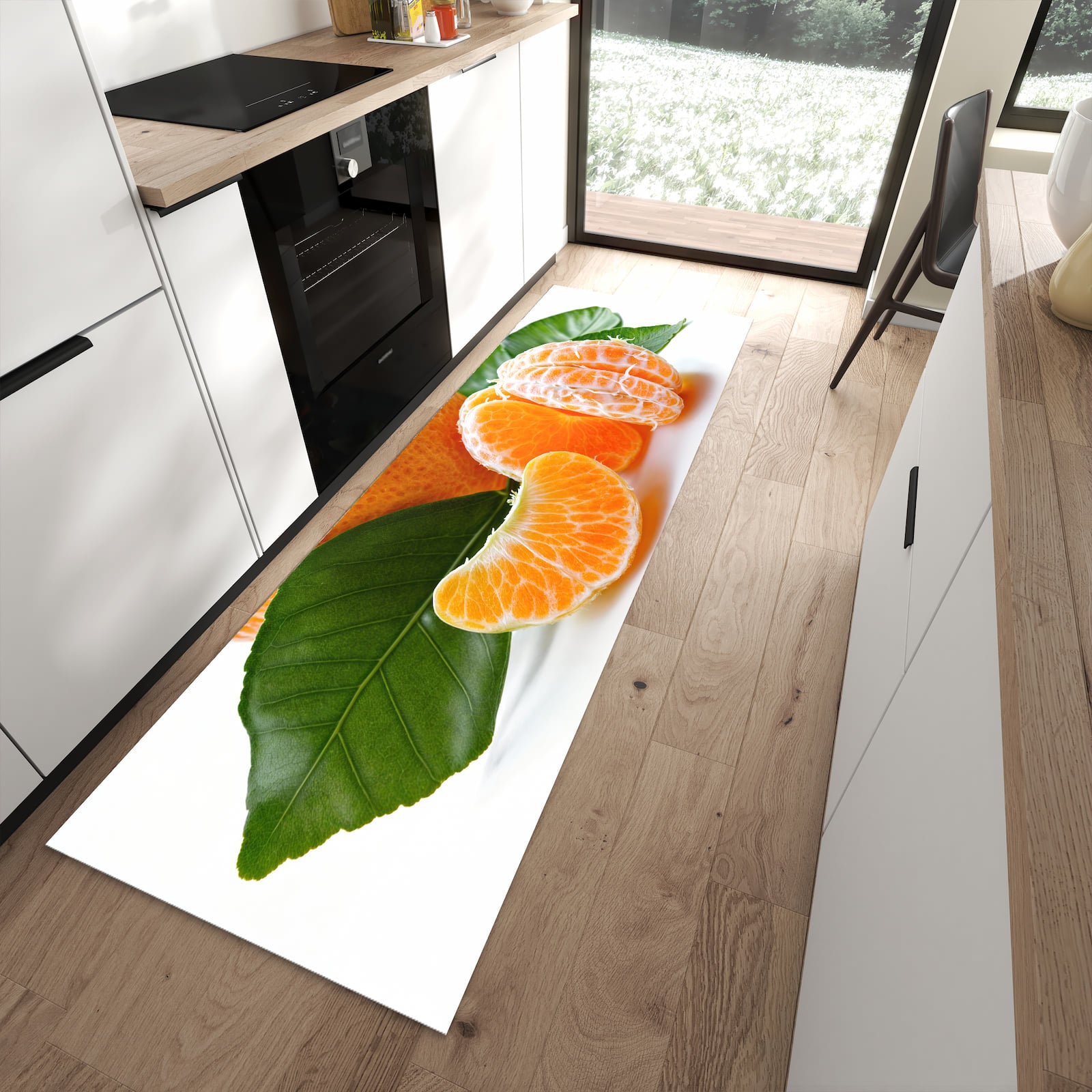 Feuchtigkeitsresistenter rutschfester Küchenläufer mit Motiv Frische Mandarine in moderner Küche