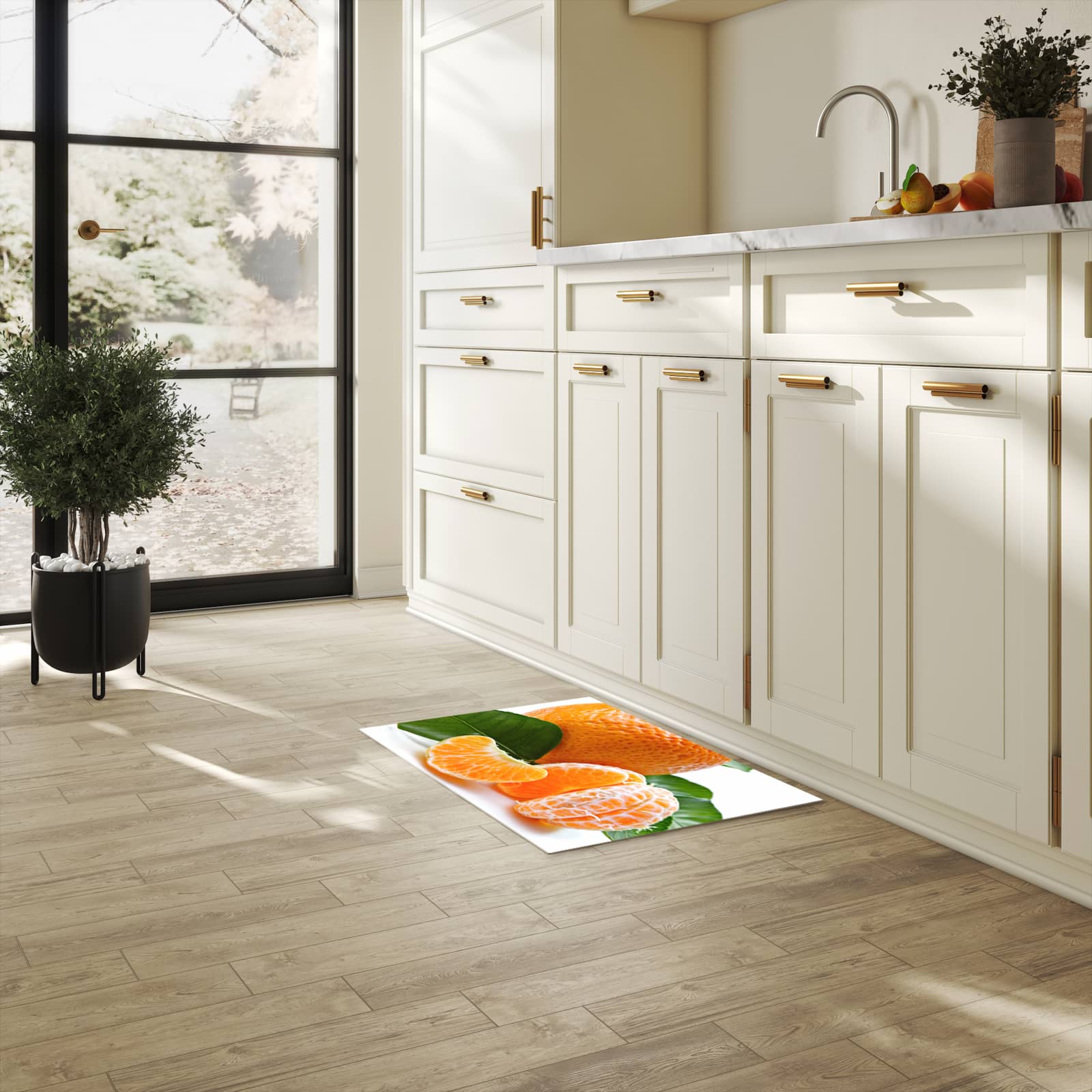 Komfortabler Küchenläufer nach Maß mit Motiv Frische Mandarine in heller Küche