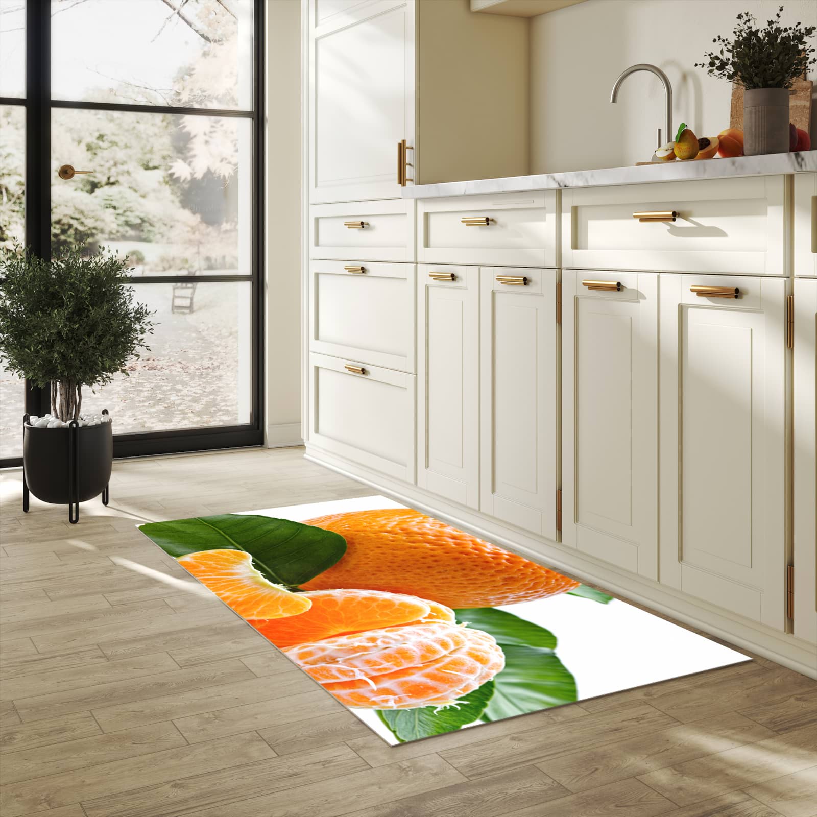 Strapazierfähiger Küchenteppich mit Motiv Frische Mandarine in heller Küche