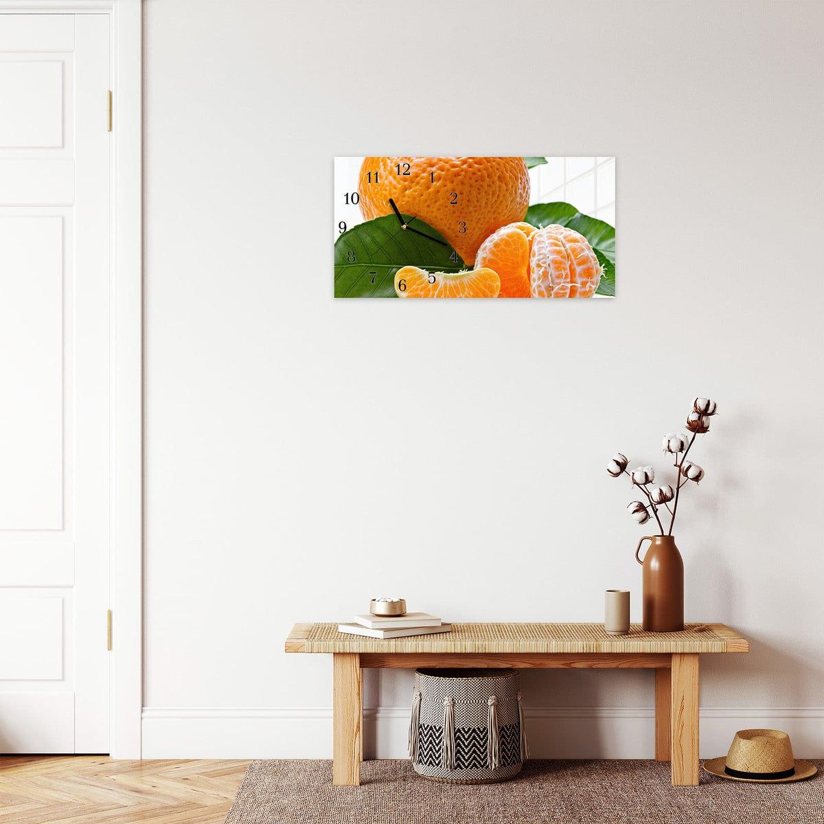 Moderne Wanduhr aus Glas mit Farbtiefe – Wanduhr Frische Mandarine aus Glas – Querformat 60 × 30 cm