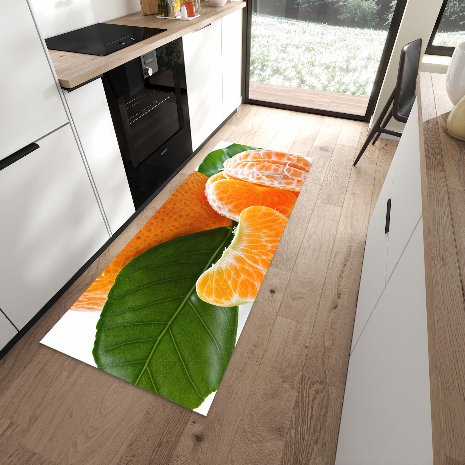 Rutschfester Küchenläufer mit Motiv Frische Mandarine in moderner Küche
