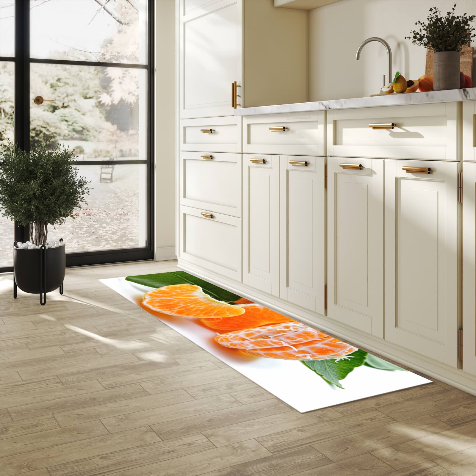 Langlebiger waschbarer Küchenläufer mit Motiv Frische Mandarine in heller Küche