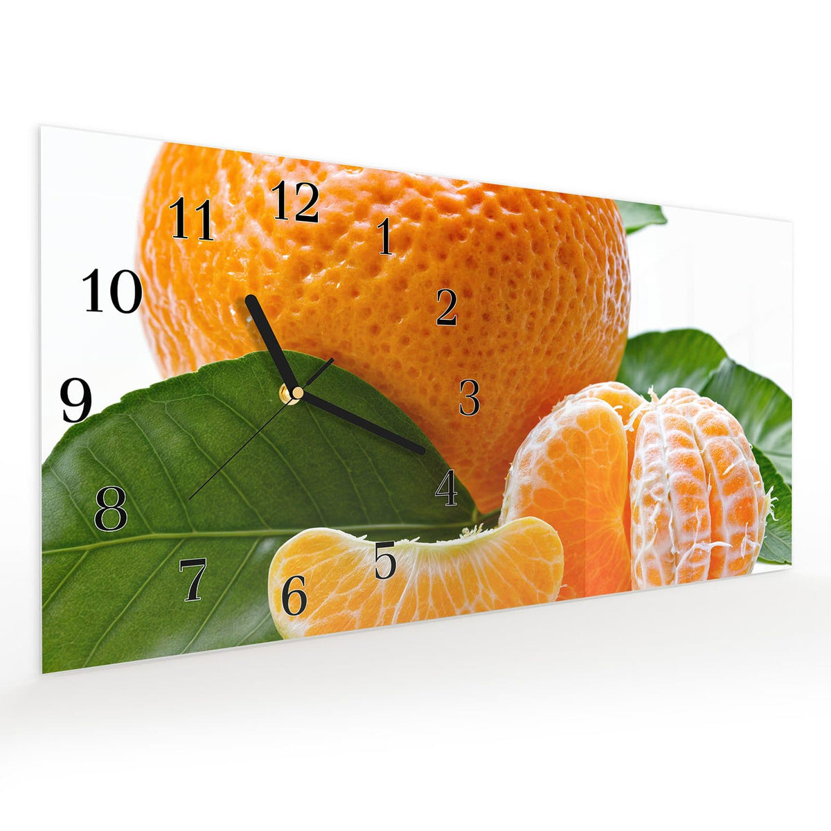 Vormontiert – mit Schwebeeffekt – Wanduhr Frische Mandarine aus Glas – Querformat 60 × 30 cm
