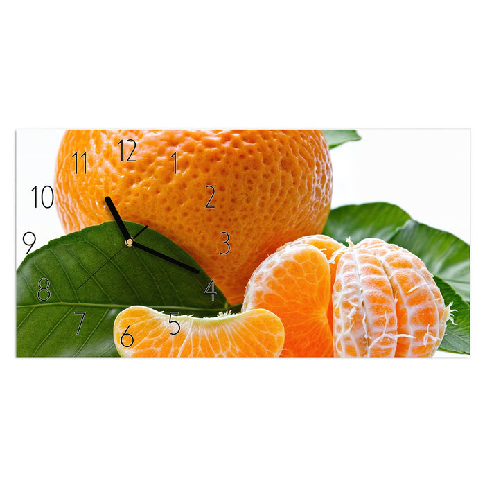 Wanduhr Frische Mandarine aus Glas – Querformat 60 × 30 cm mit Ziffernblatt Elegant