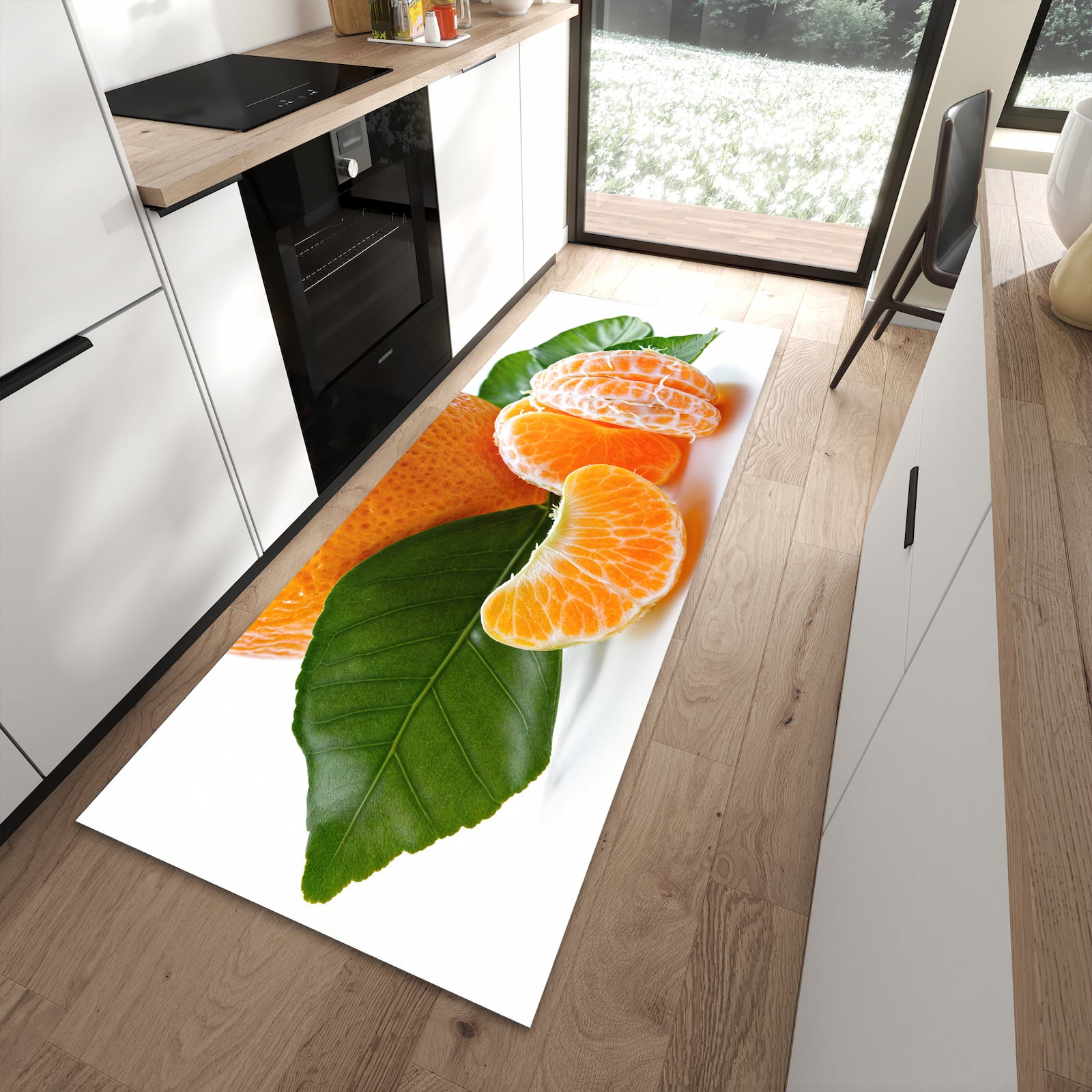 Farbbeständiger Küchenläufer mit Motiv Frische Mandarine in moderner Küche