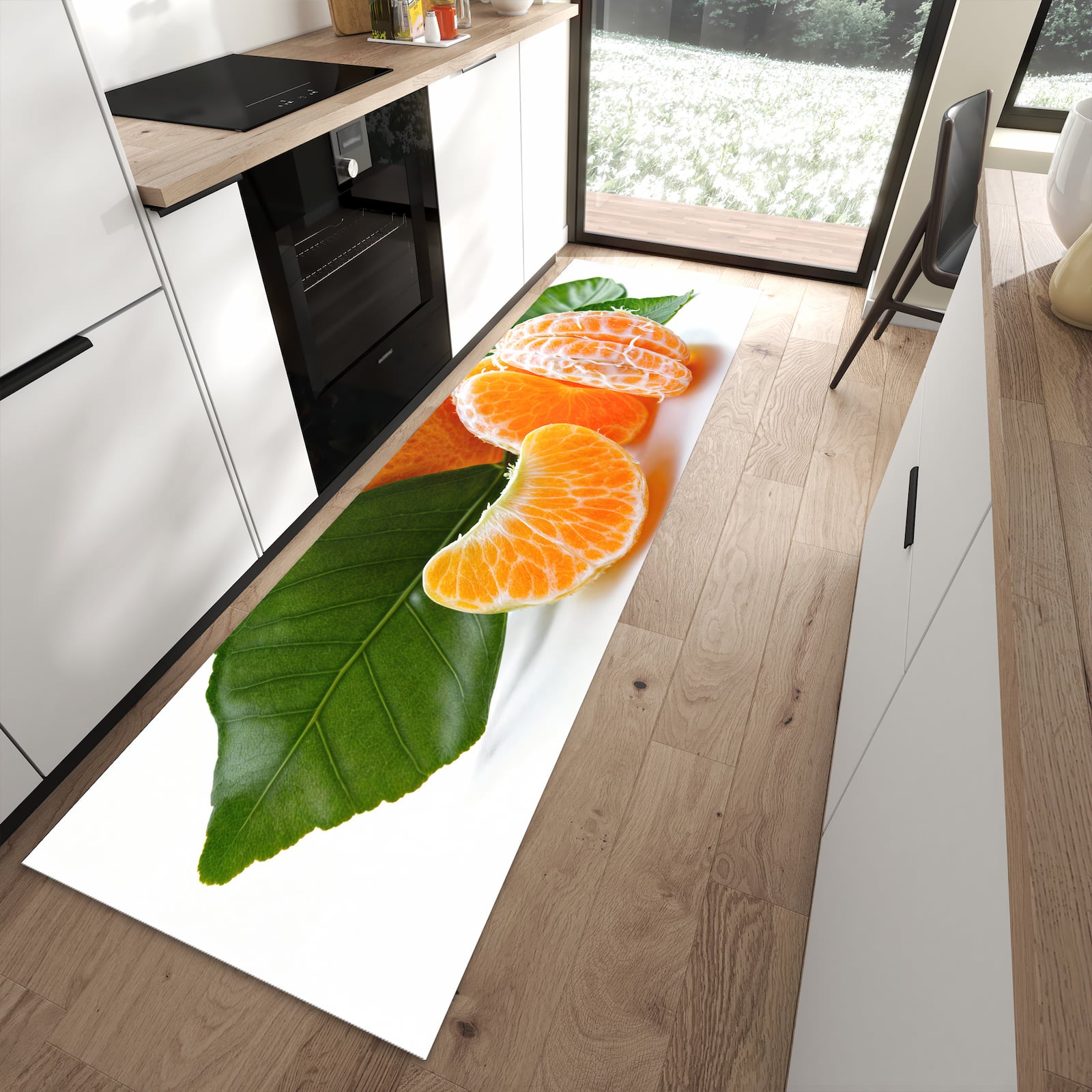 Bodenschonender rutschfester Küchenläufer mit Motiv Frische Mandarine in moderner Küche