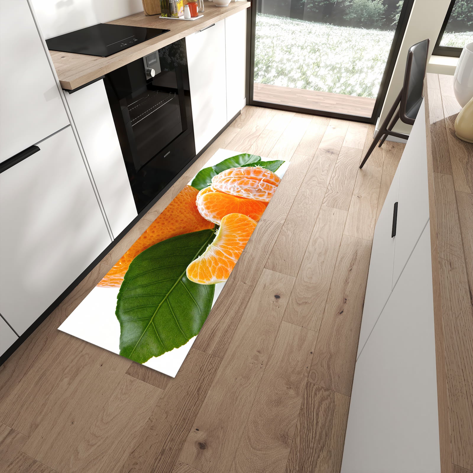 Rutschfester Küchenteppich mit Motiv Frische Mandarine für angenehmes Stehen in moderner Küche