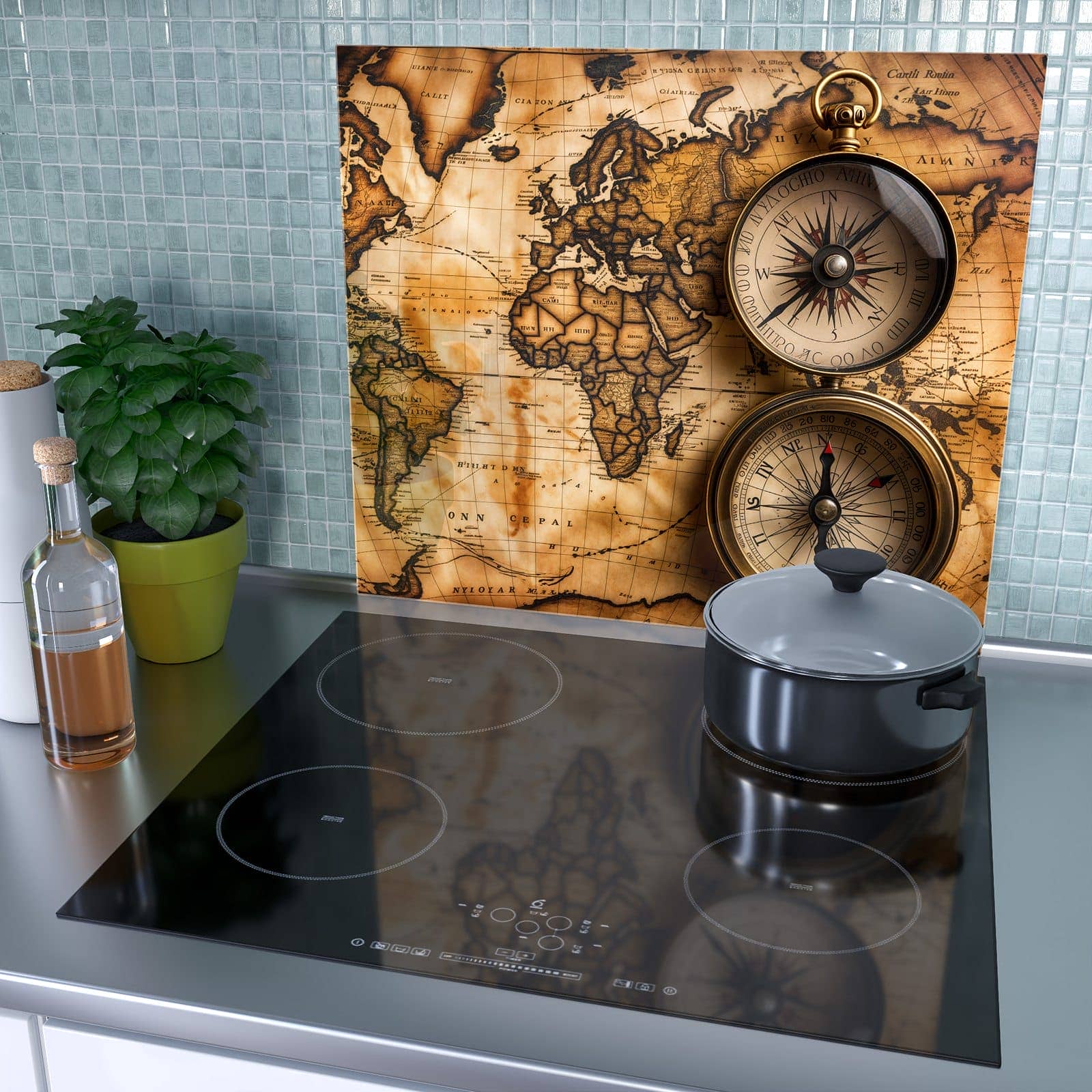 1-teilige Abdeckplatte Induktionsherd mit Vintage Weltkarte Kompass-Motiv als Spritzschutz hinter dem Kochfeld