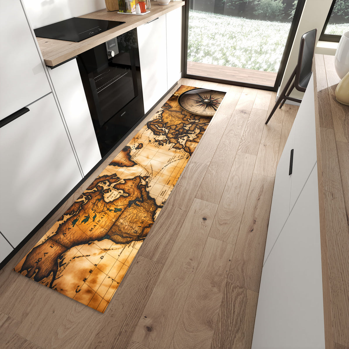 Rutschfester Küchenteppich mit Motiv Vintage Weltkarte Kompass für Trittkomfort in moderner Küche