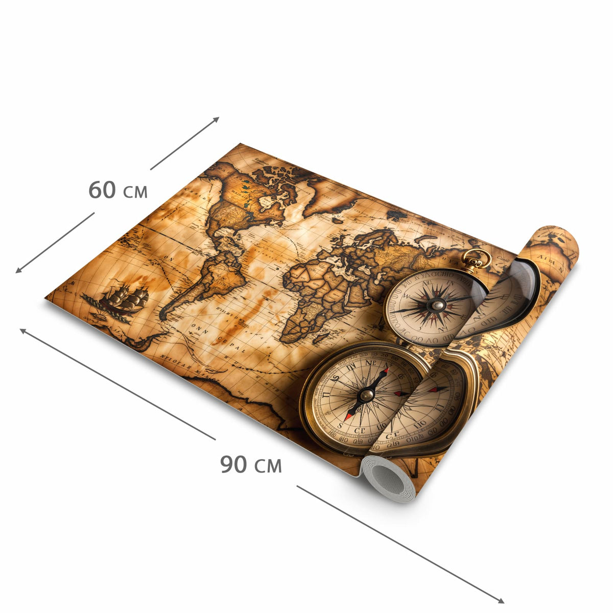 Farbbeständiger Küchenteppich mit Motiv Vintage Weltkarte Kompass in der Grösse 80x200 cm