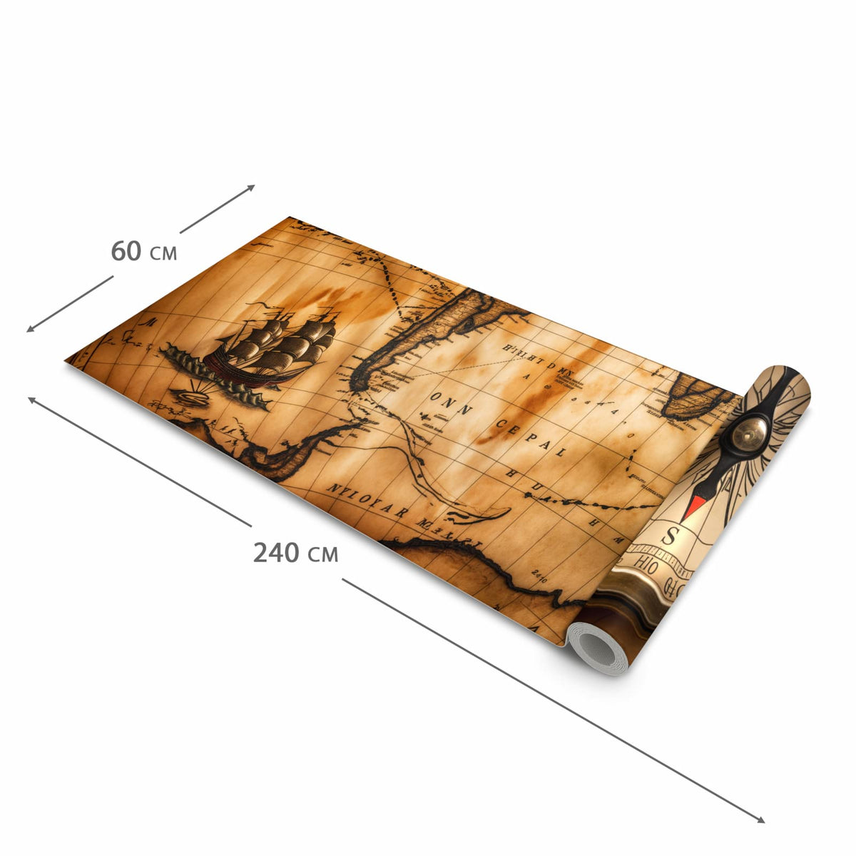 Bodenschonender Bodenläufer Teppich mit Motiv Vintage Weltkarte Kompass in der Grösse 80x200 cm
